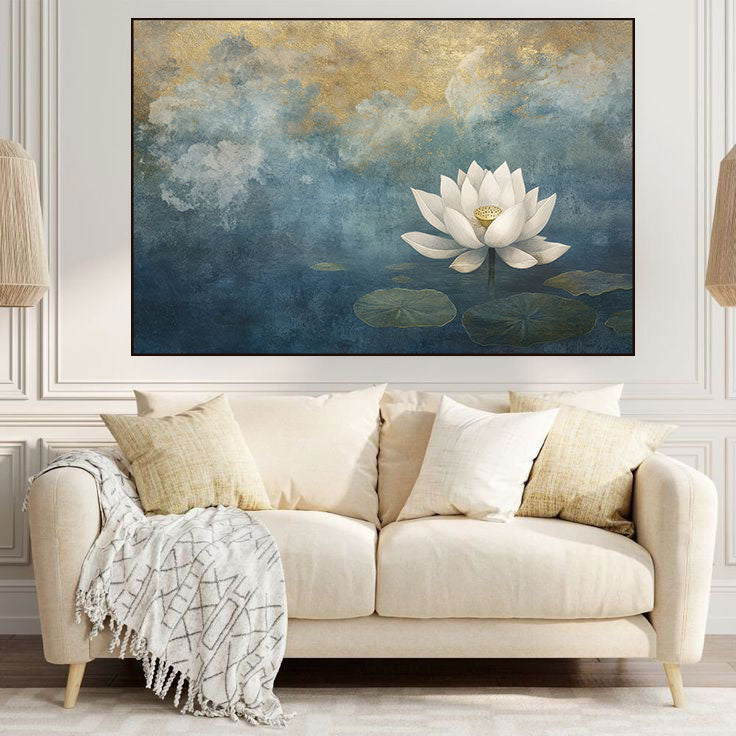White Lotus Canvas Painting – Ethereal Spiritual Wall Painting for Home