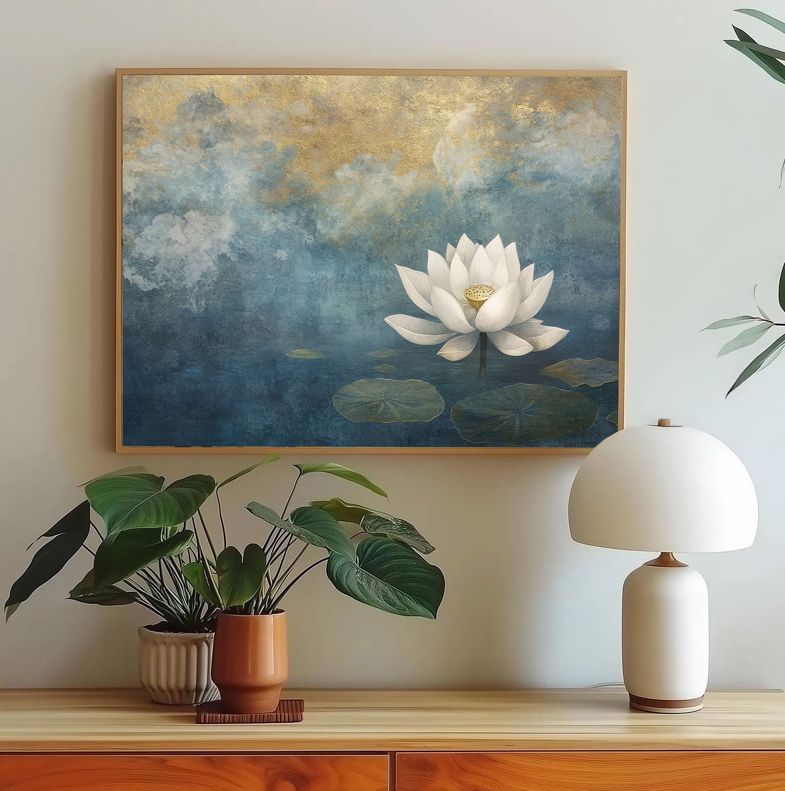 White Lotus Canvas Painting – Ethereal Spiritual Wall Painting for Home.