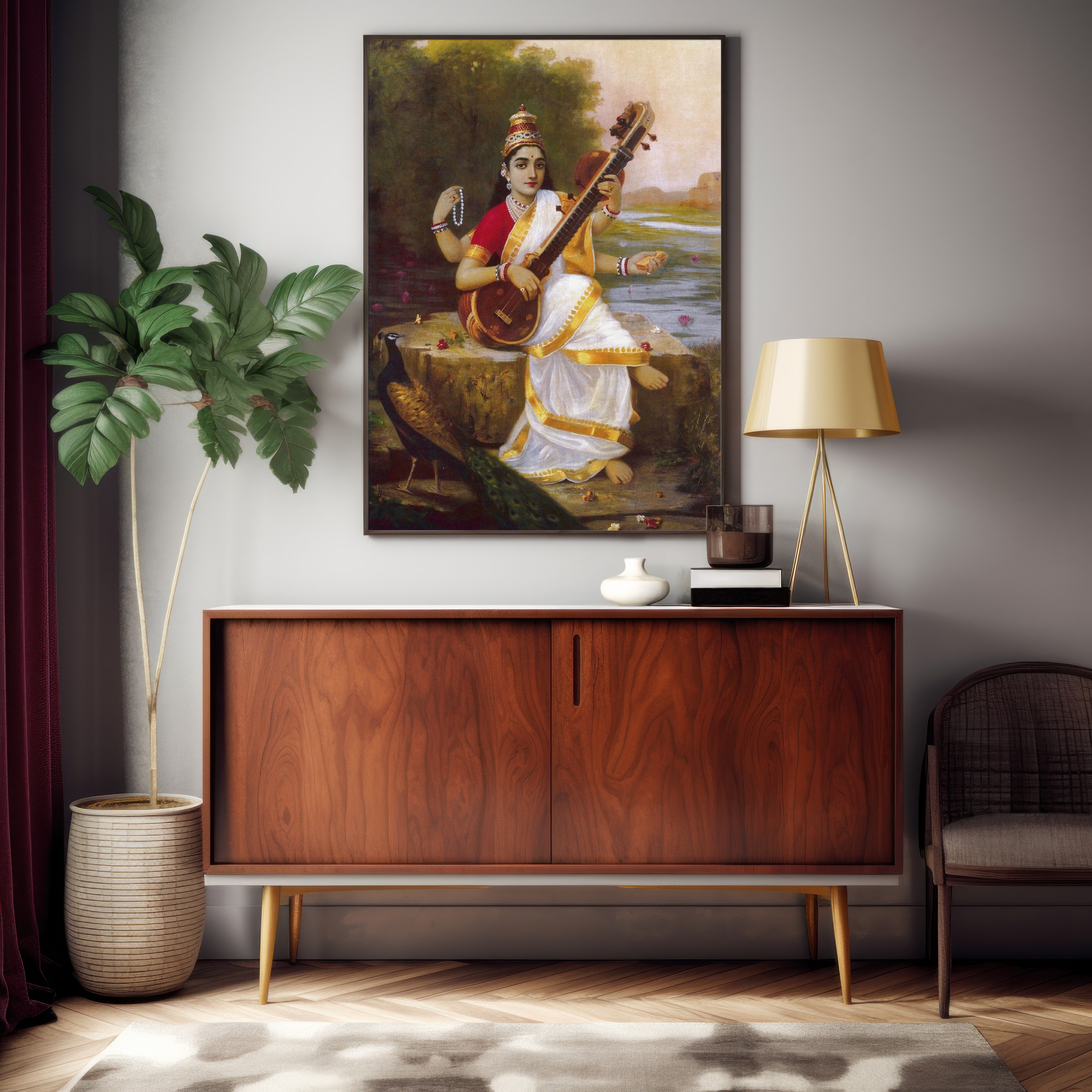 Raja Ravi Varma | Maa Saraswati Veena Wall Art Painting | Indian Spiritual Wall Decor | Krutik