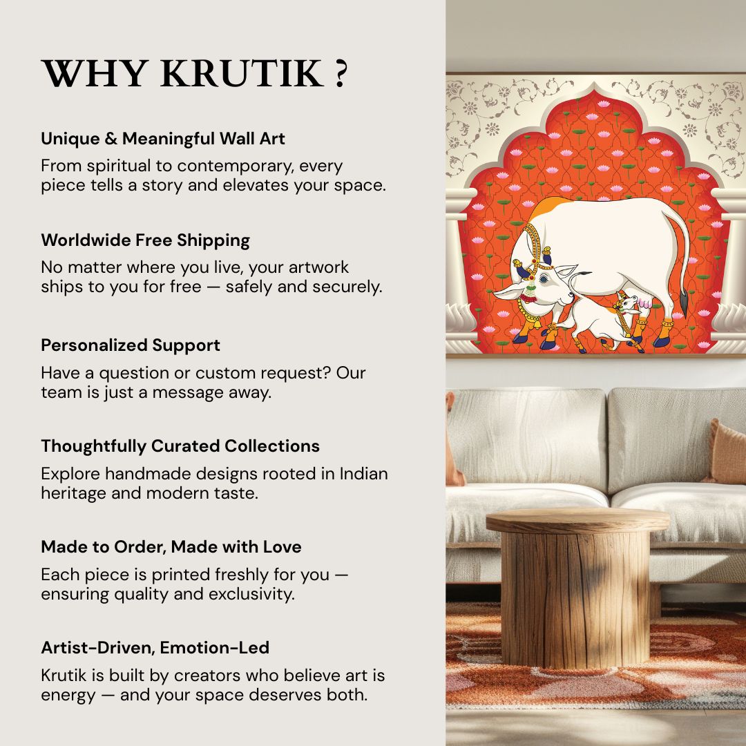 Tree of Life Cow Pichwai Painting | Traditional Indian Folk Art Wall Decor with Birds & Moon