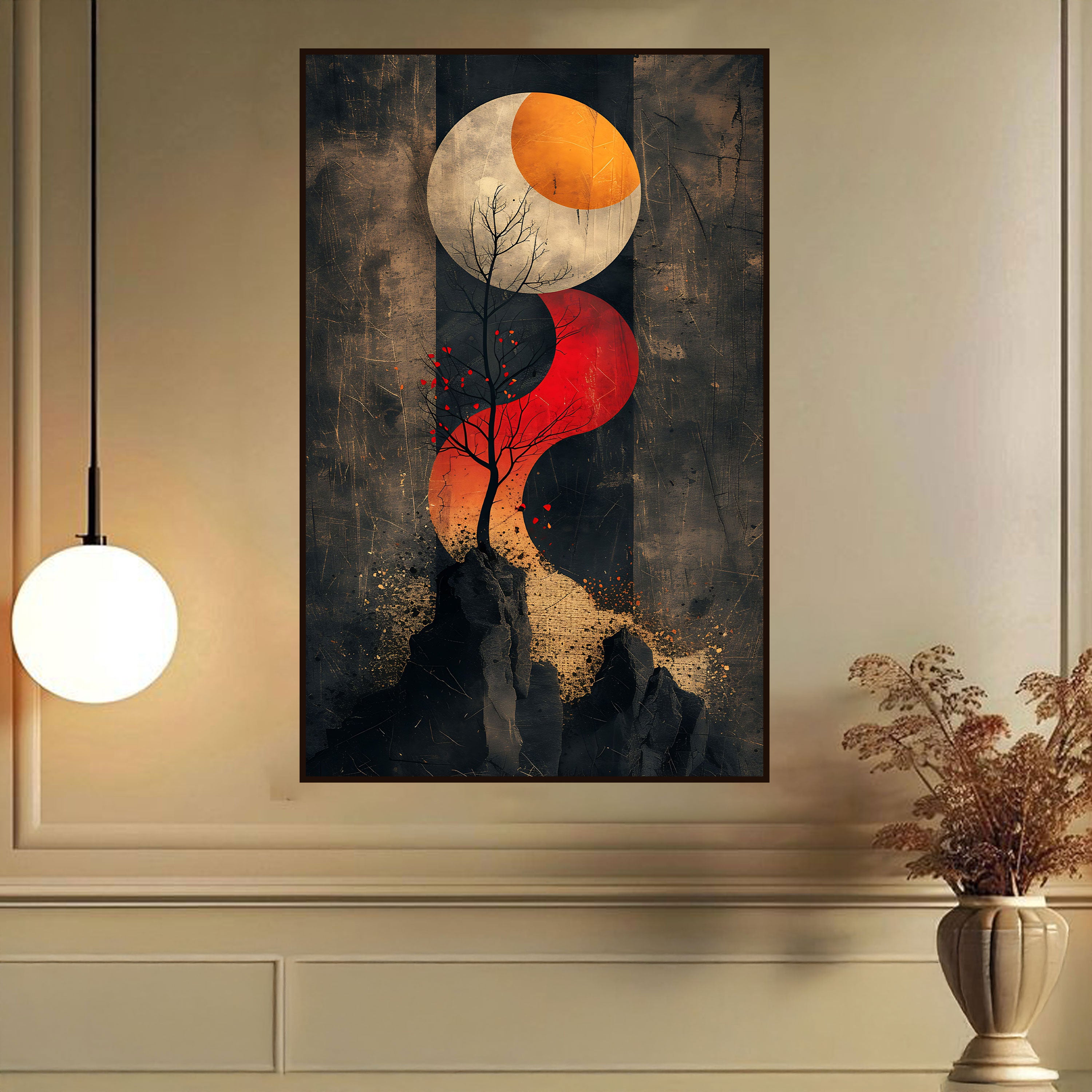 Abstract Tree & Moon Canvas Painting – Zen Balance Wall Art for Home.