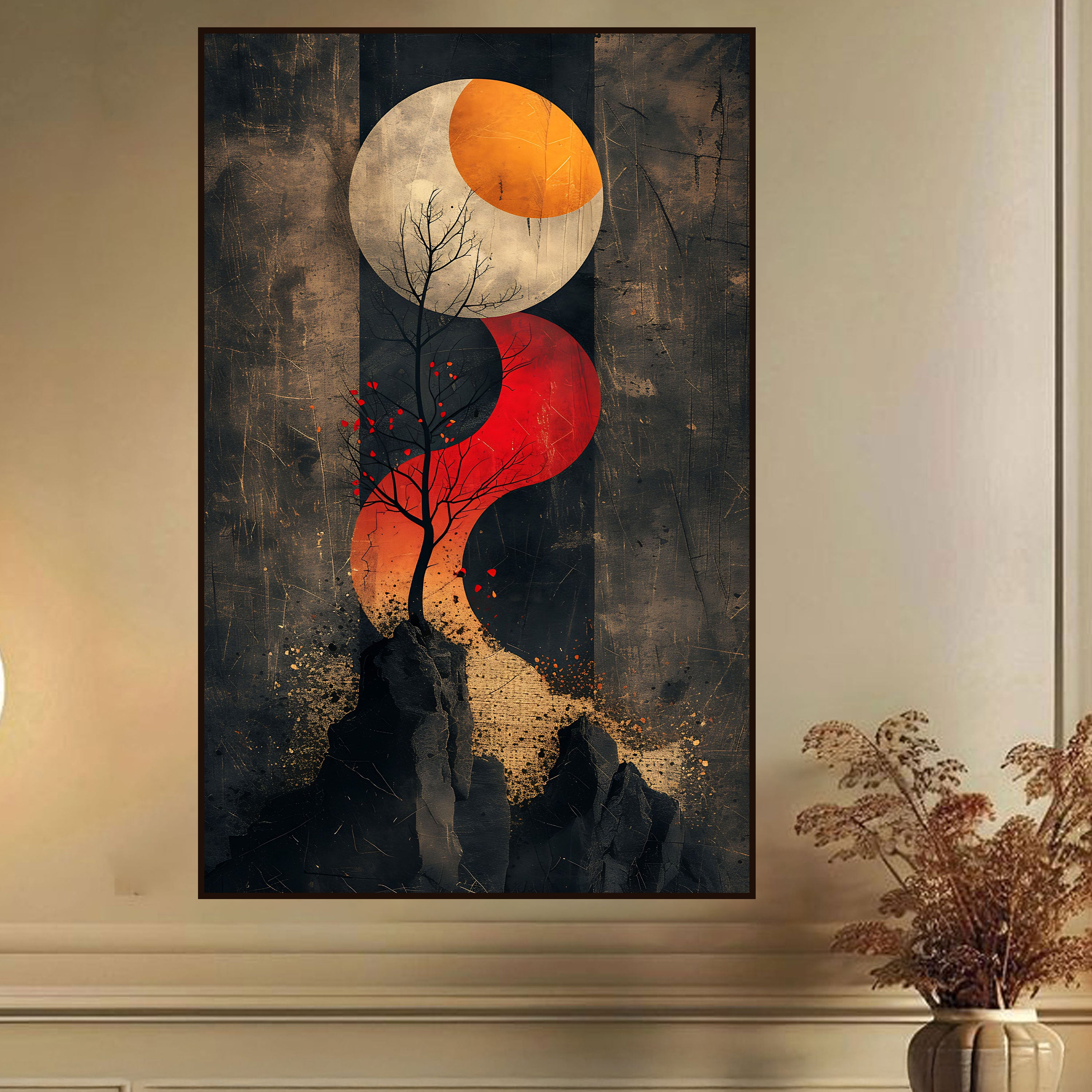 Abstract Tree & Moon Canvas Painting – Zen Balance Wall Art for Home.