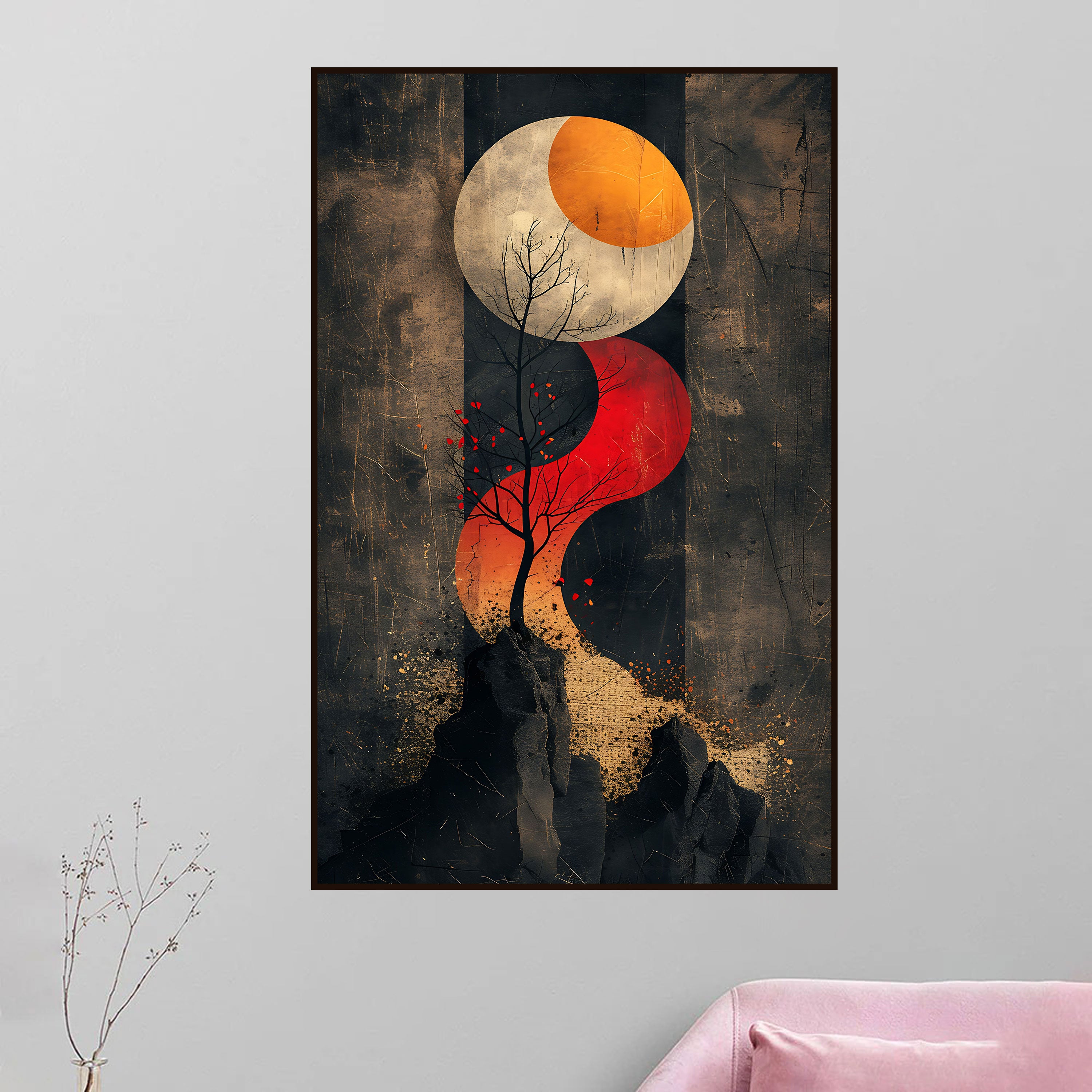 Abstract Tree & Moon Canvas Painting – Zen Balance Wall Art for Home.