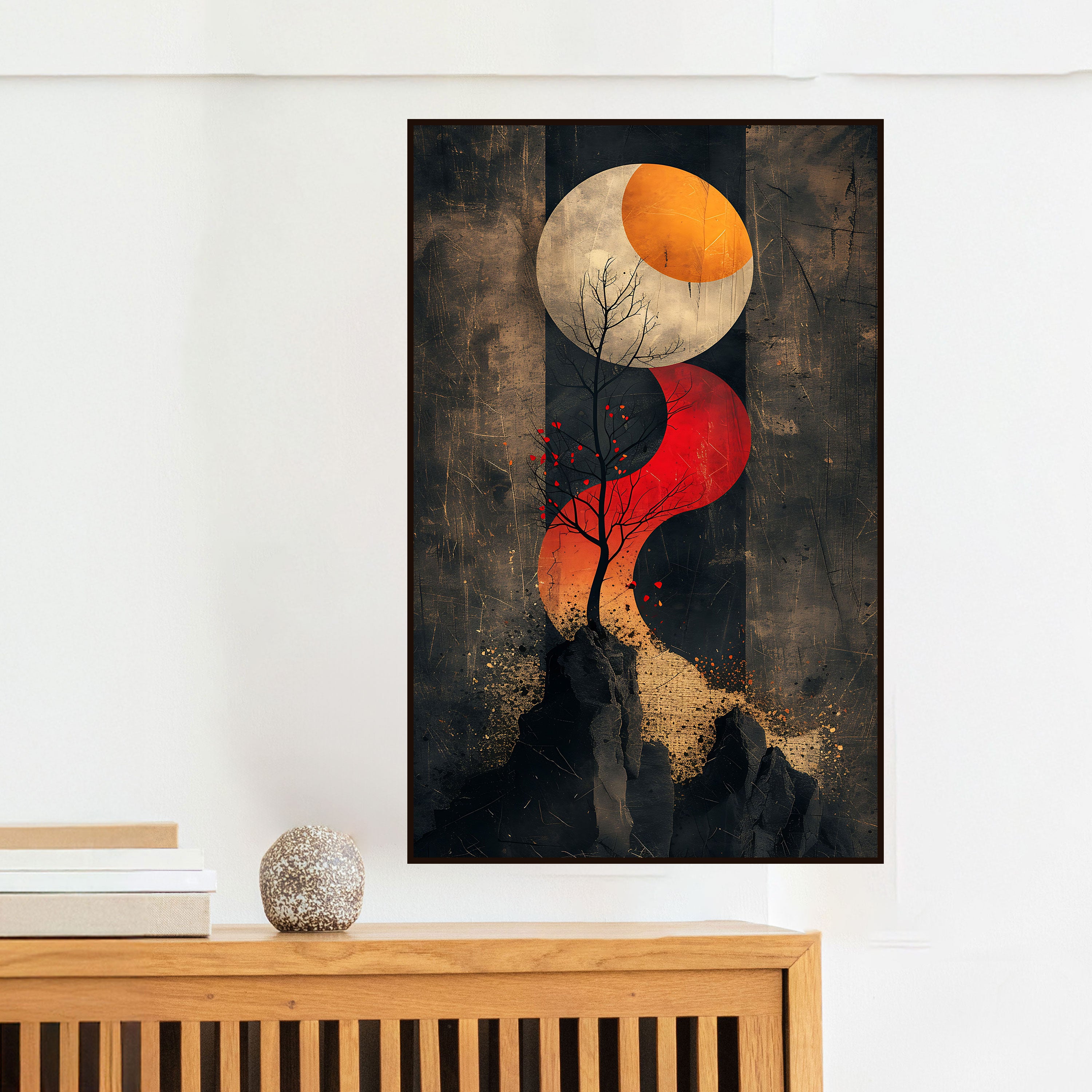 Abstract Tree & Moon Canvas Painting – Zen Balance Wall Art for Home.
