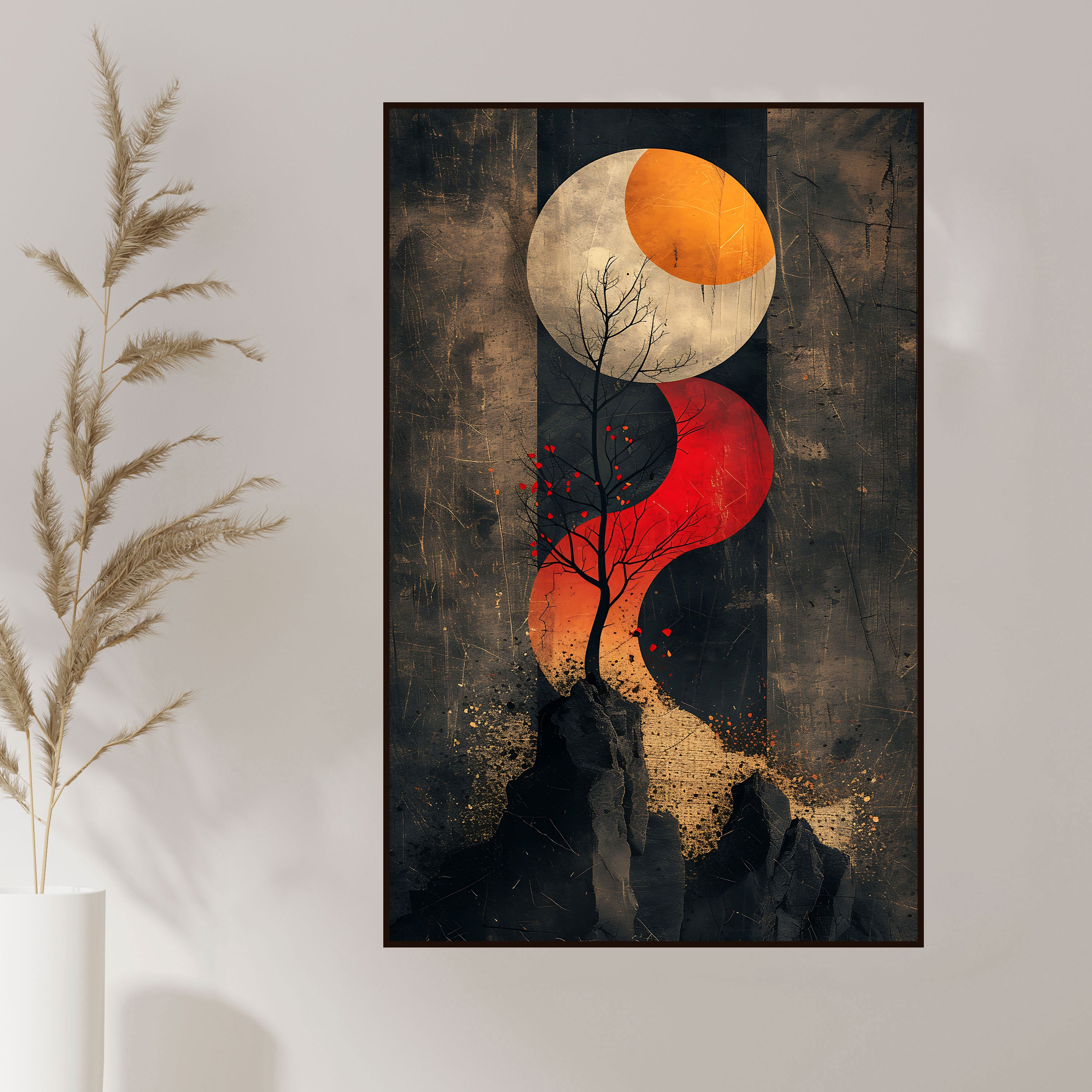 Abstract Tree & Moon Canvas Painting – Zen Balance Wall Art for Home.
