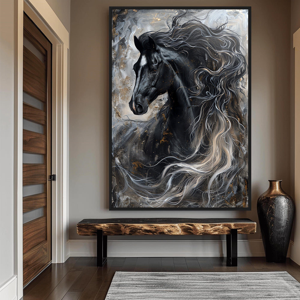 Majestic Black Horse Painting by Krutik – Dynamic Modern Wall Art