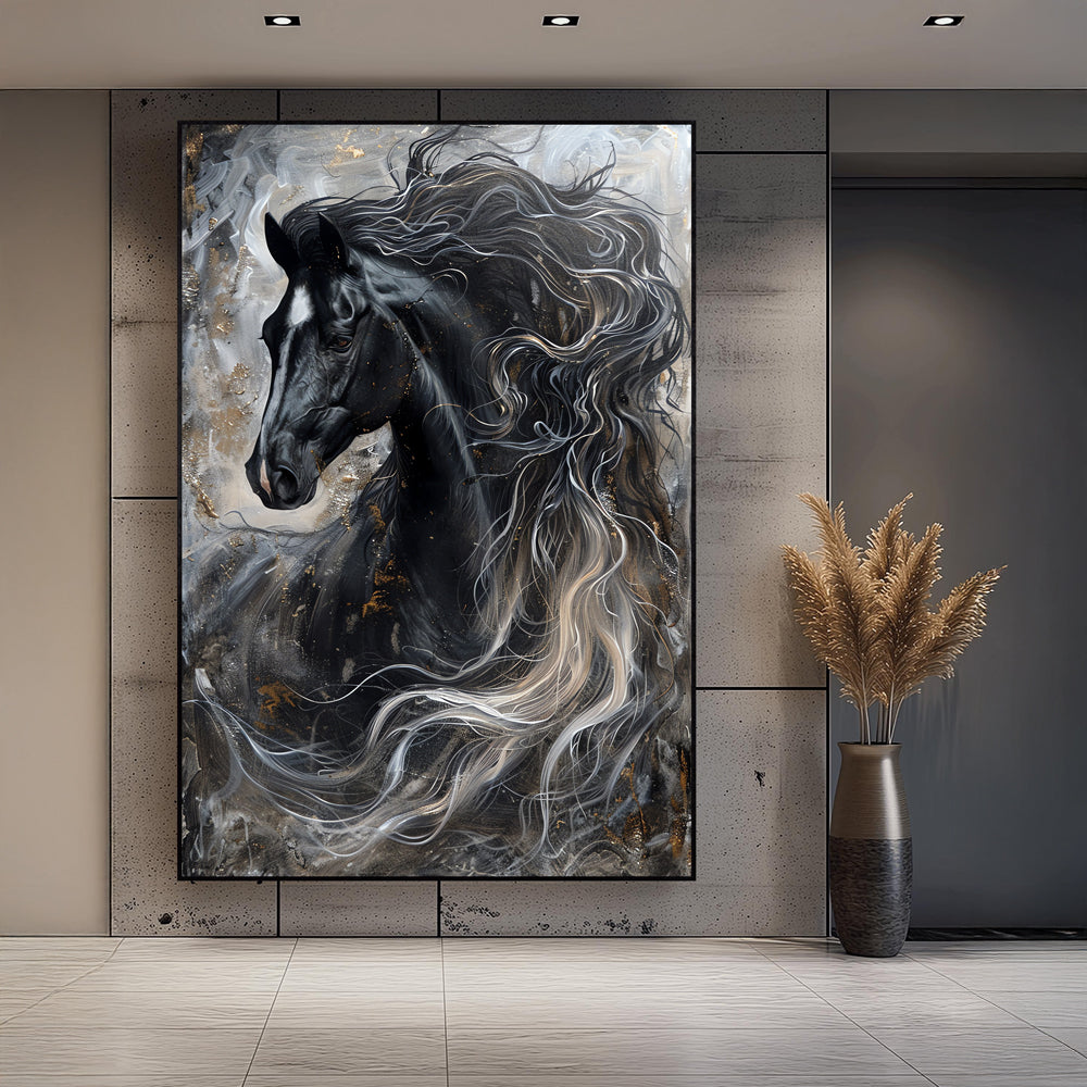 Majestic Black Horse Painting by Krutik – Dynamic Modern Wall Art