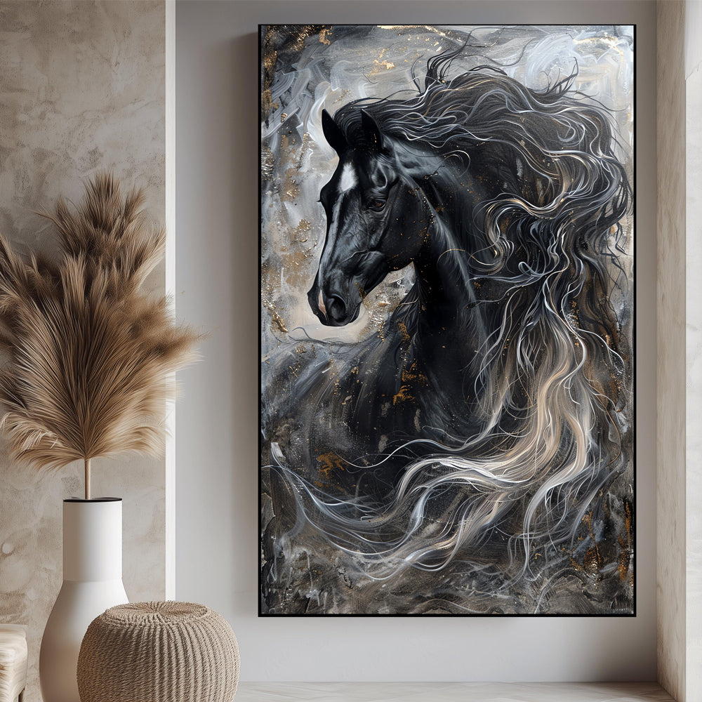 Majestic Black Horse Painting by Krutik – Dynamic Modern Wall Art