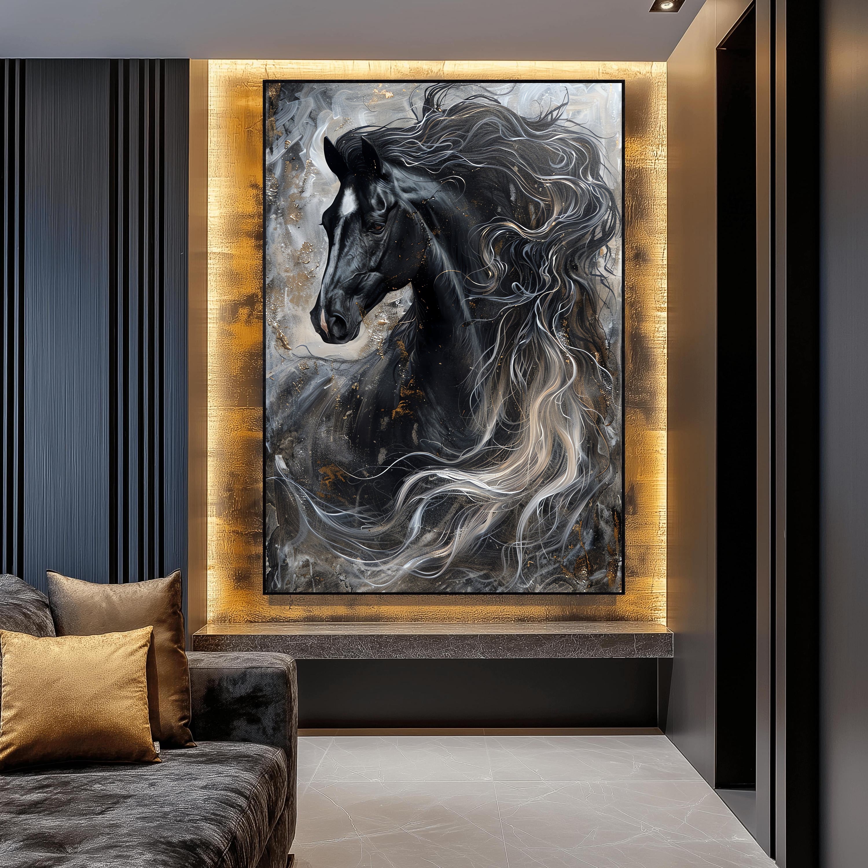Majestic Black Horse Painting by Krutik – Dynamic Modern Wall Art