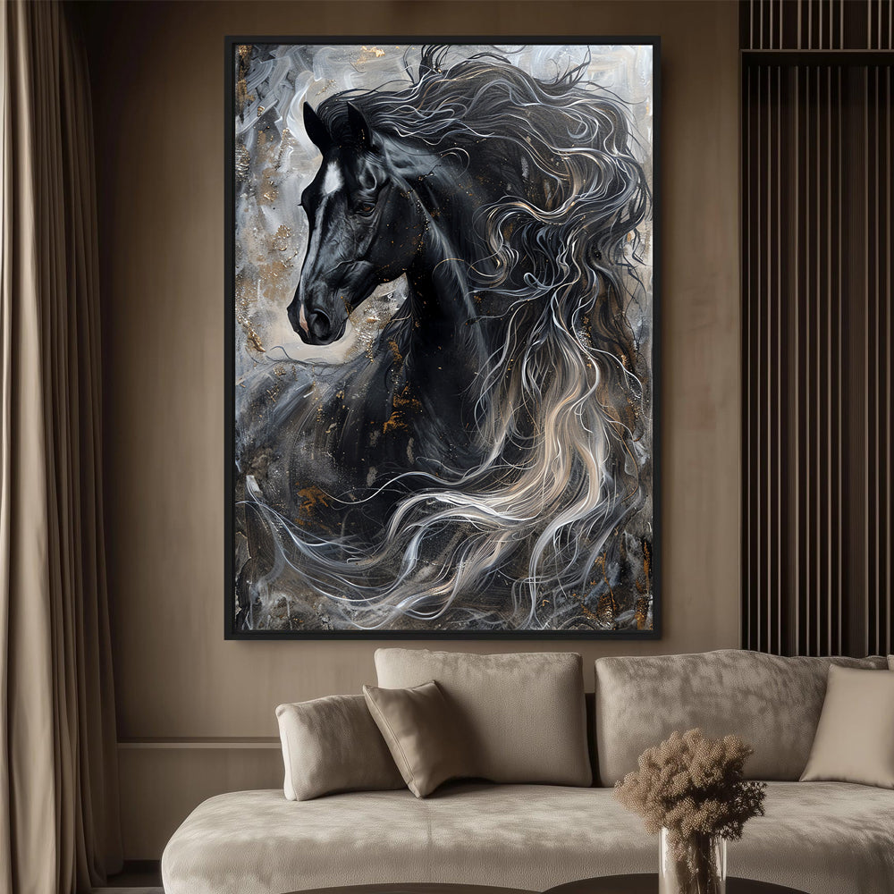 Majestic Black Horse Painting by Krutik – Dynamic Modern Wall Art