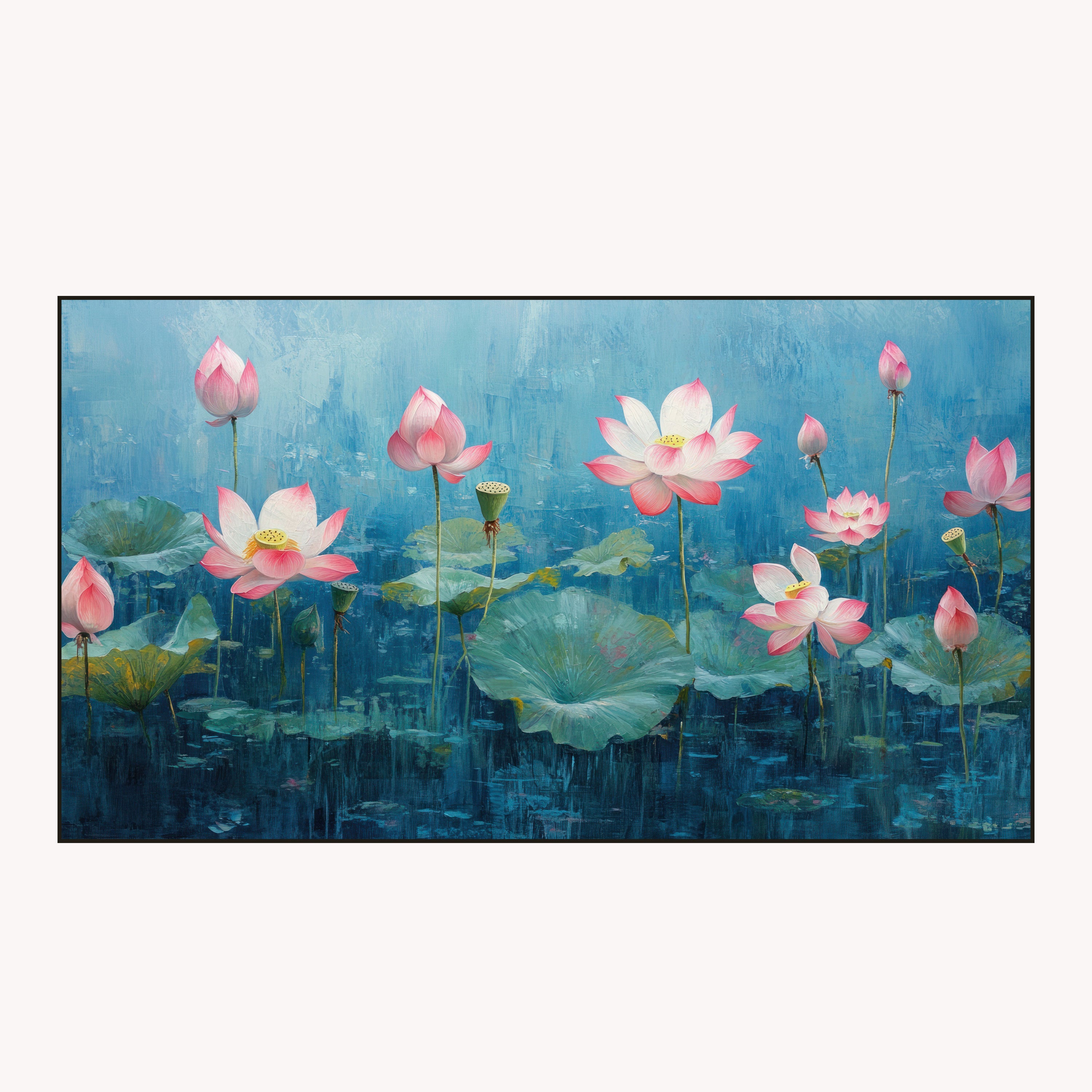 Blooming Lotus Pond Canvas Painting – Serene Spiritual Wall Art for Home