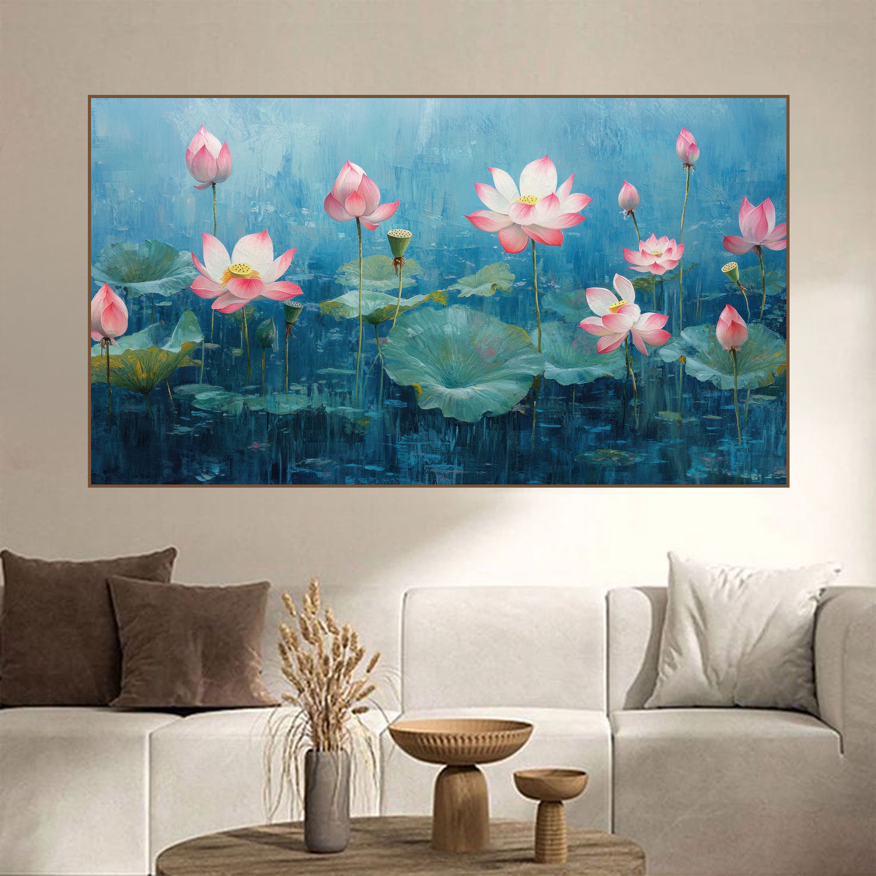 Blooming Lotus Pond Canvas Painting – Serene Spiritual Wall Art for Home