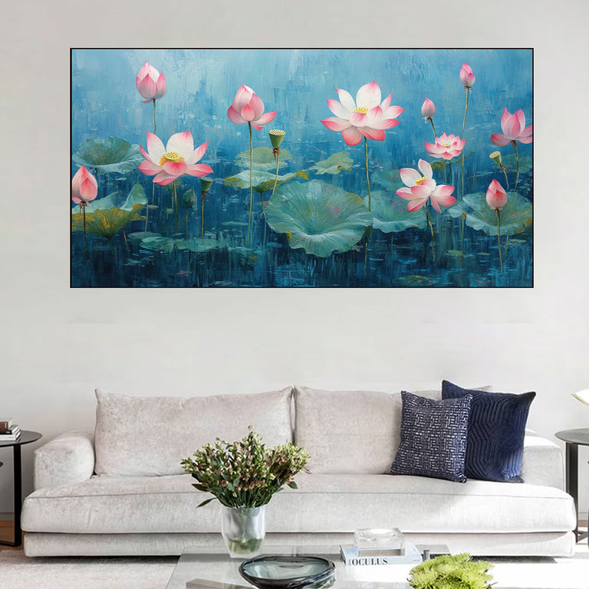 Blooming Lotus Pond Canvas Painting – Serene Spiritual Wall Art for Home