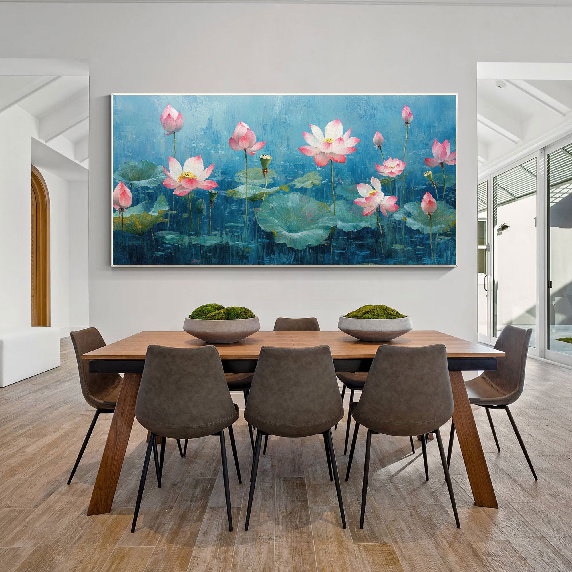 Blooming Lotus Pond Canvas Painting – Serene Spiritual Wall Art for Home