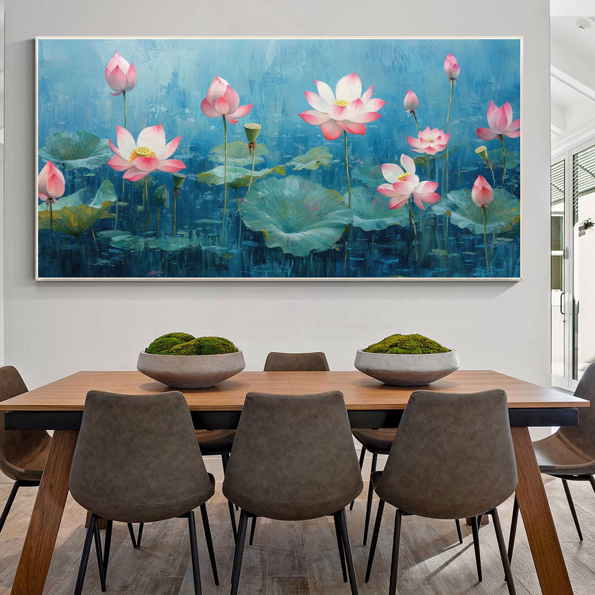 Blooming Lotus Pond Canvas Painting – Serene Spiritual Wall Art for Home