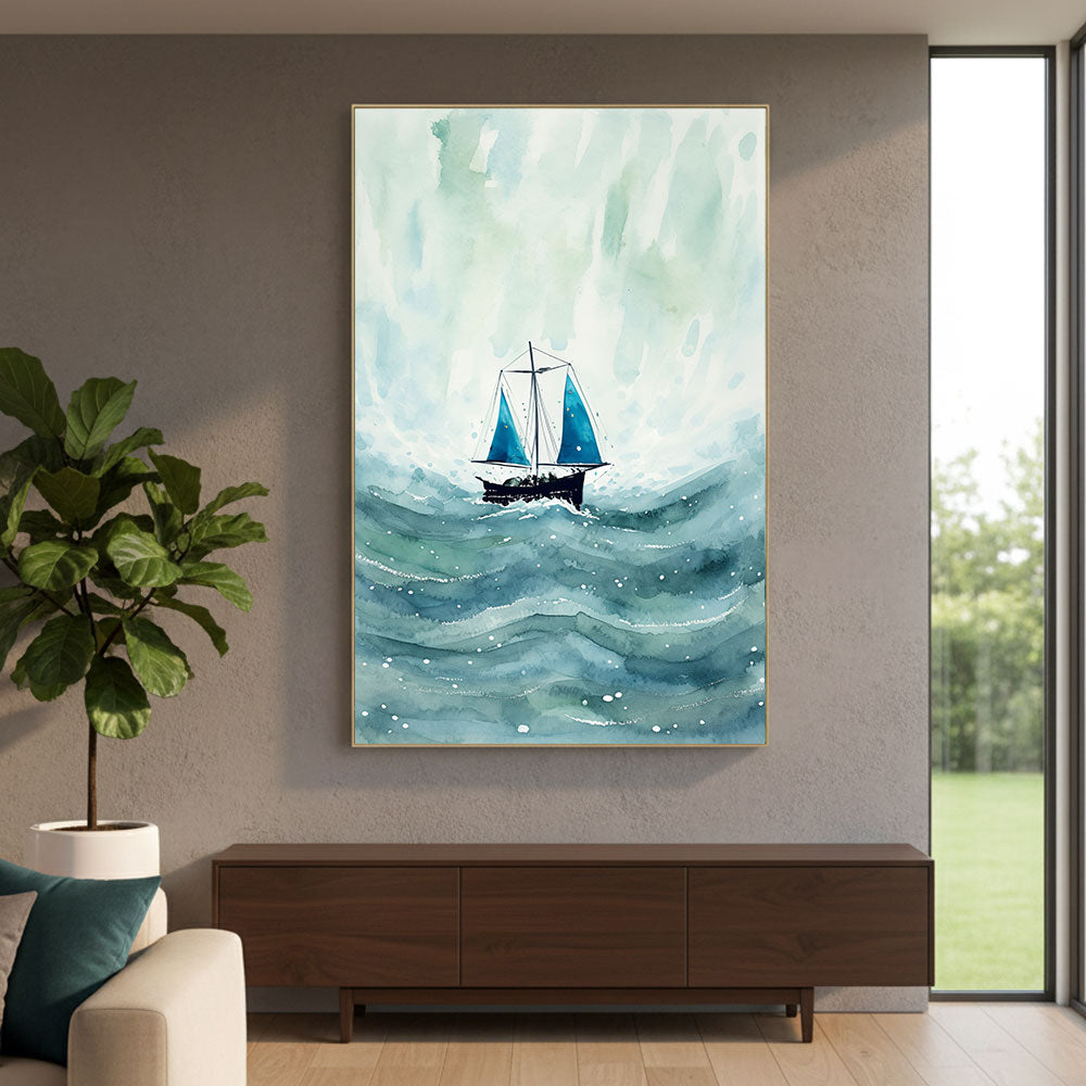 Blue Sailboat Watercolor Painting by Krutik – Nautical Wall Art