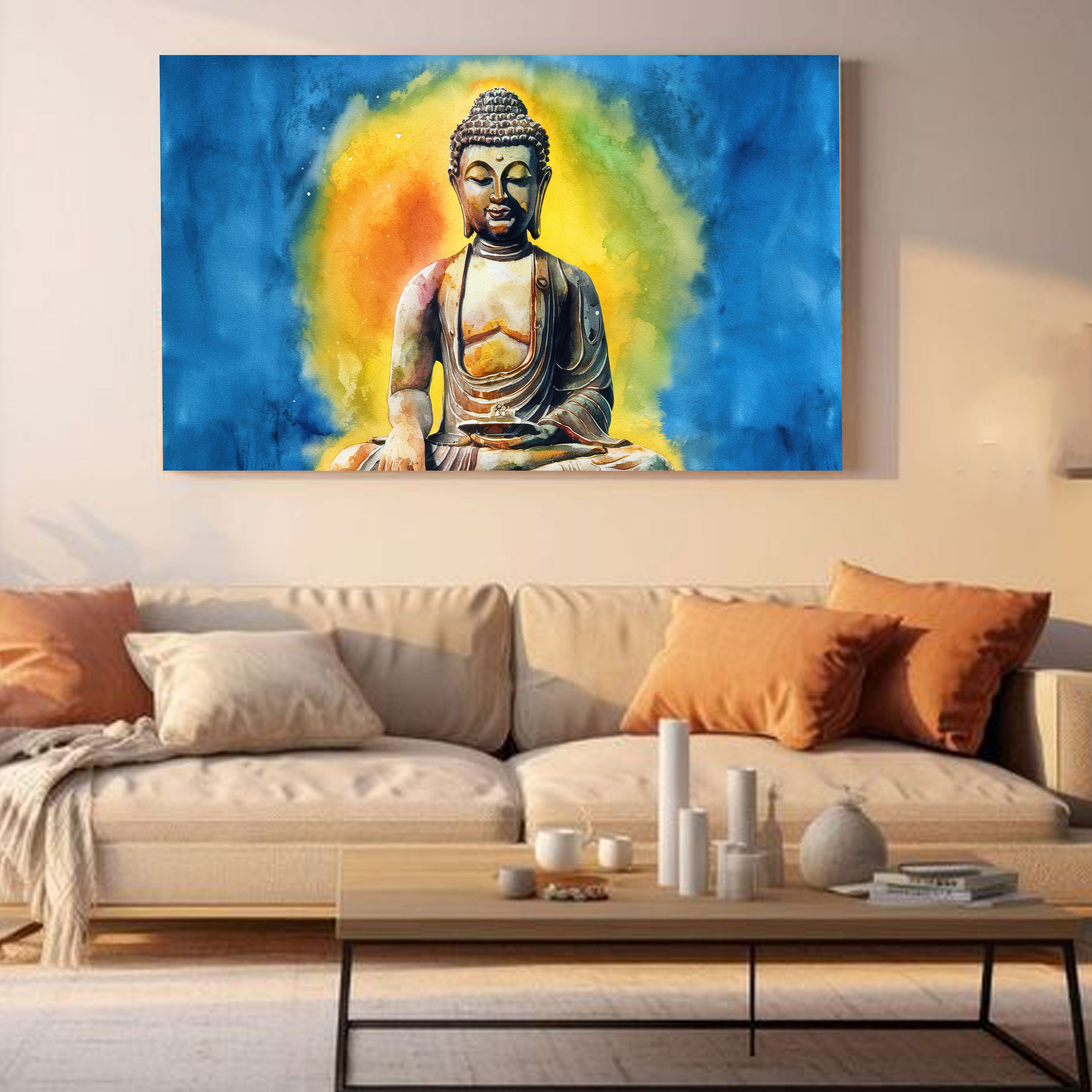 Buddha Radiance – Spiritual Watercolor Canvas Art by Krutik.