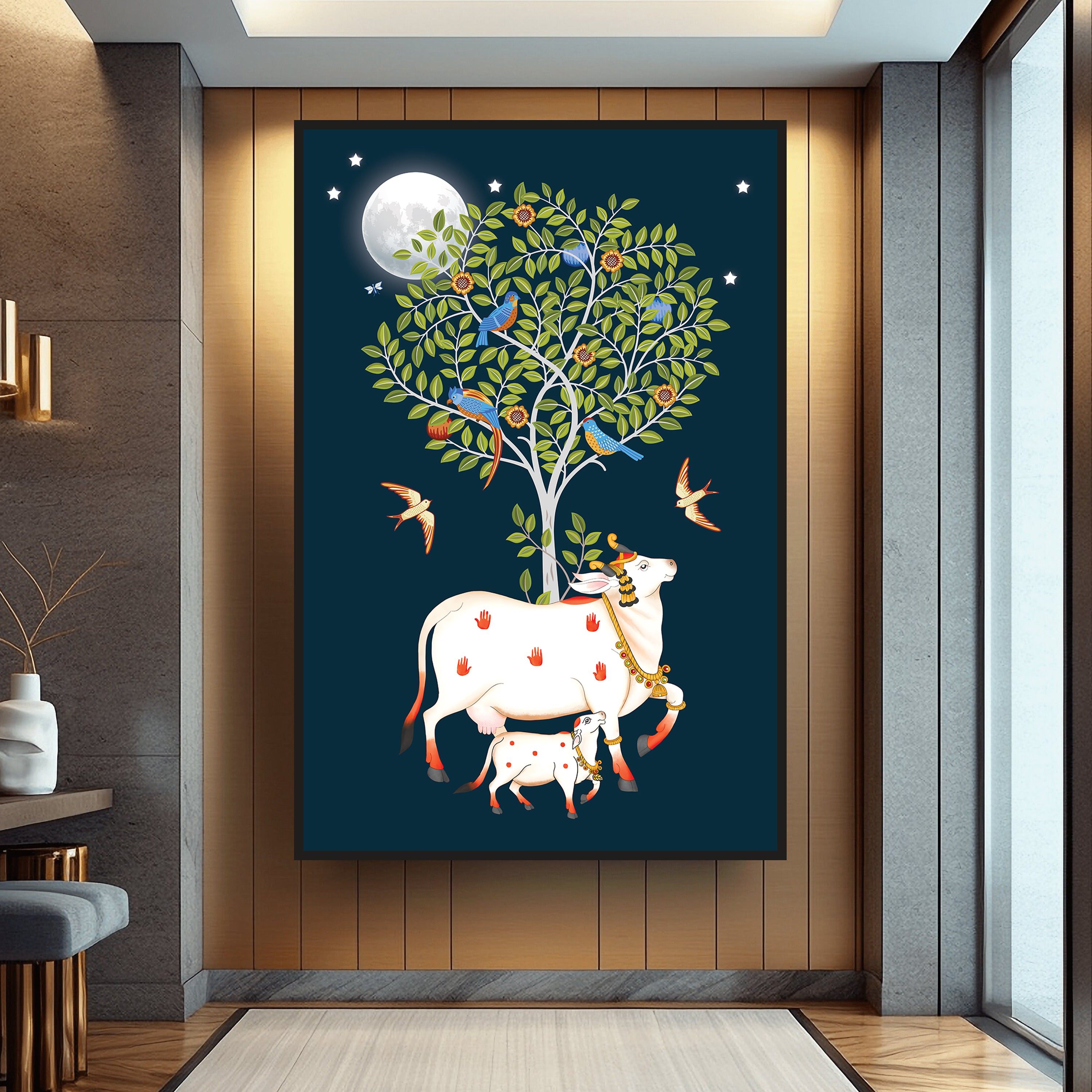 Kamadhenu Cow with Calf and Tree of Life Painting by Krutik – Divine Vastu Wall Art