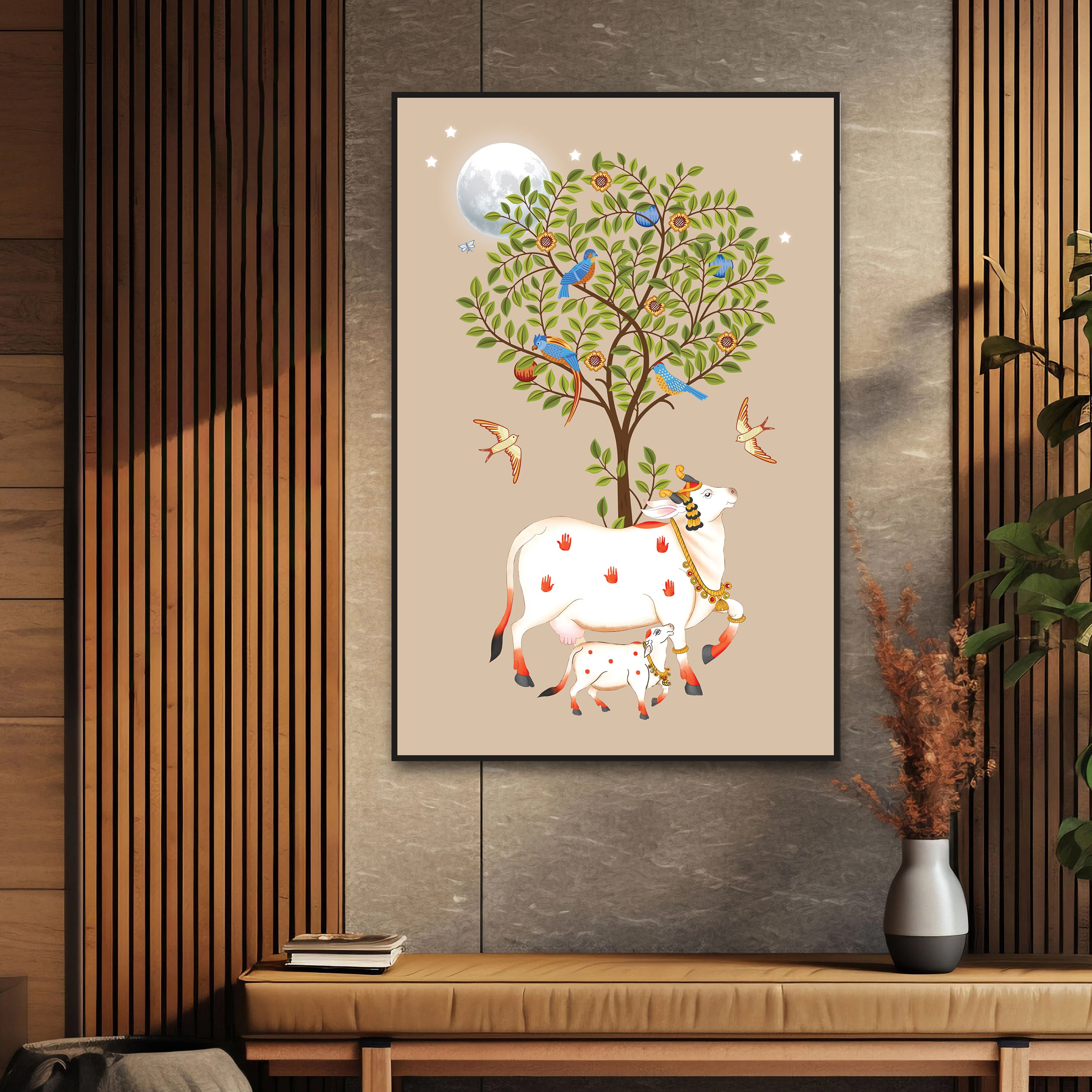 Kamadhenu Cow with Calf and Tree of Life Painting by Krutik – Moonlit Vastu Wall Art (Light Background)