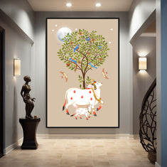 Kamadhenu Cow with Calf and Tree of Life Painting by Krutik – Moonlit Vastu Wall Art (Light Background)