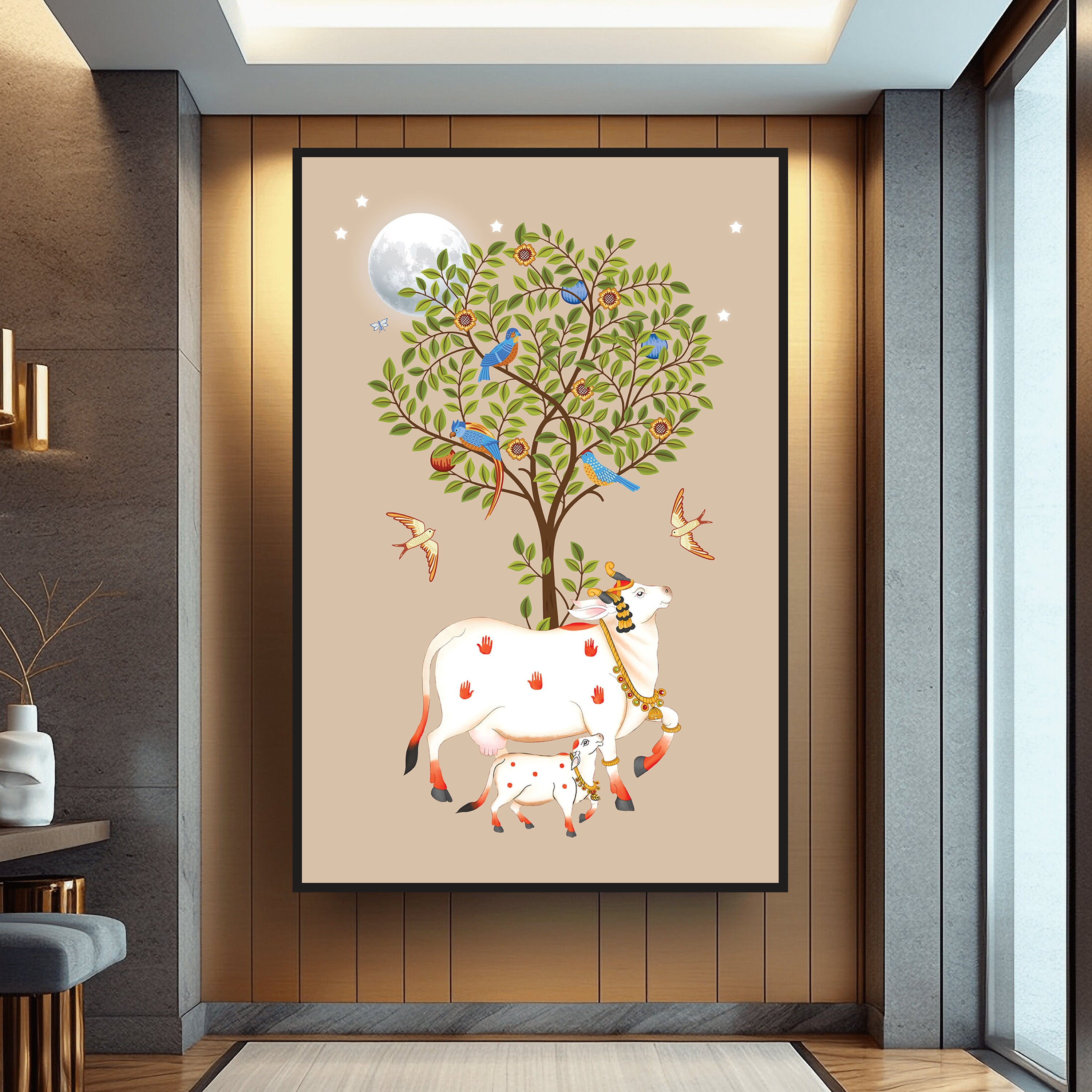 Kamadhenu Cow with Calf and Tree of Life Painting by Krutik – Moonlit Vastu Wall Art (Light Background)