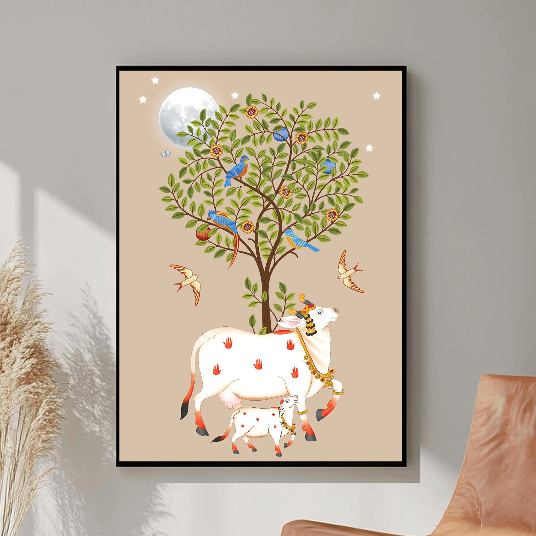 Kamadhenu Cow with Calf and Tree of Life Painting by Krutik – Moonlit Vastu Wall Art (Light Background)