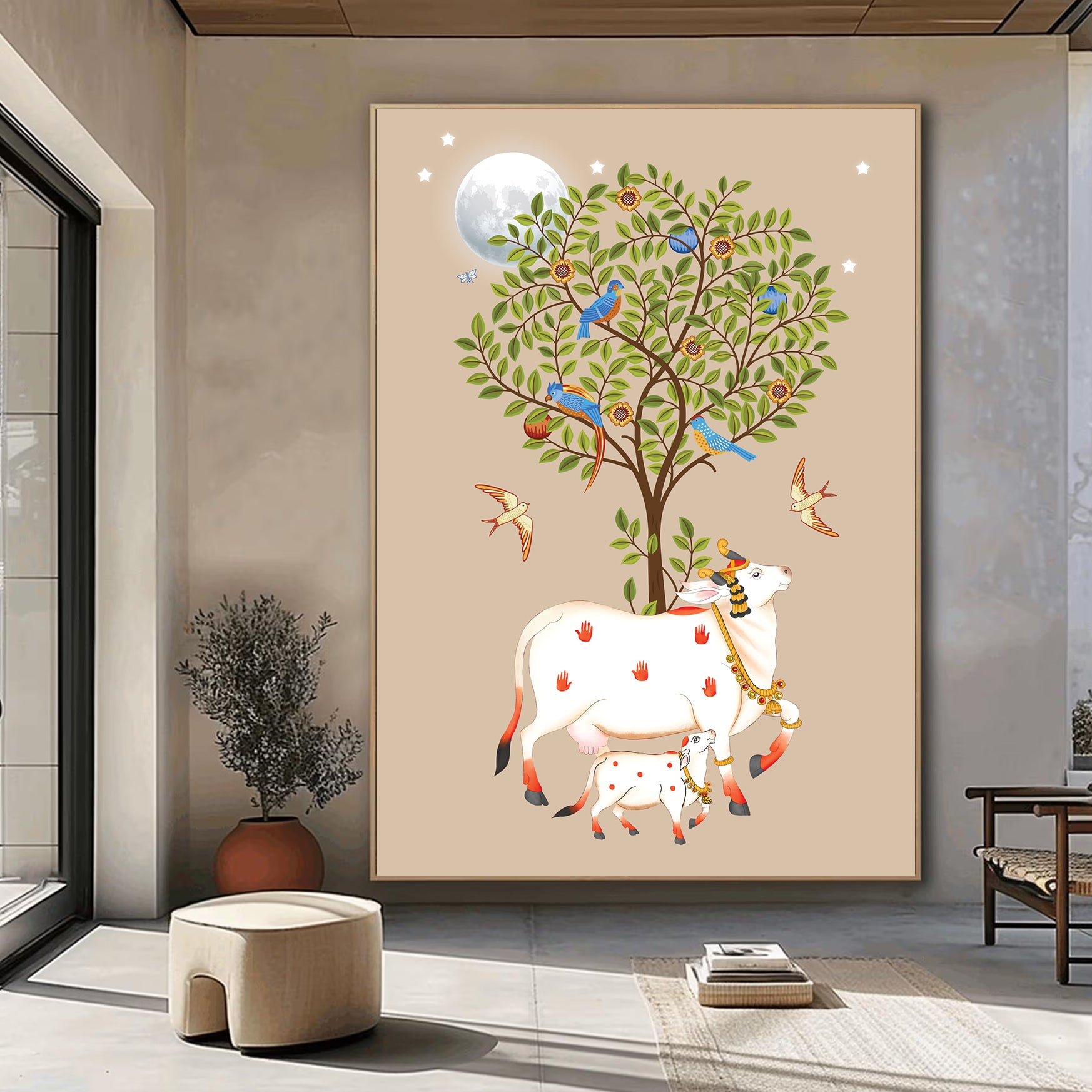 Kamadhenu Cow with Calf and Tree of Life Painting by Krutik – Moonlit Vastu Wall Art (Light Background)