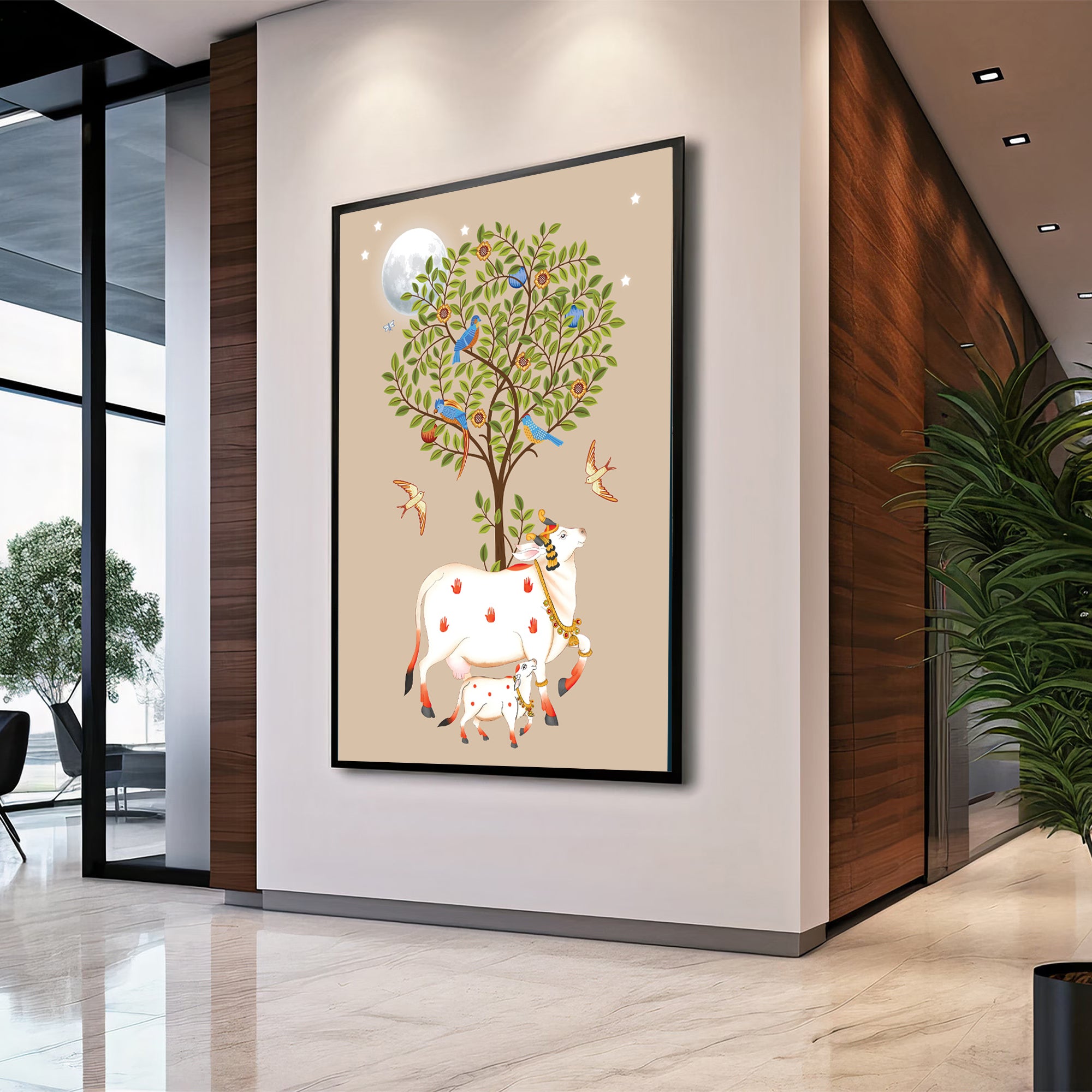 Kamadhenu Cow with Calf and Tree of Life Painting by Krutik – Moonlit Vastu Wall Art (Light Background)