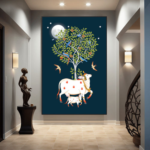 Kamadhenu Cow with Calf and Tree of Life Painting by Krutik – Divine Vastu Wall Art