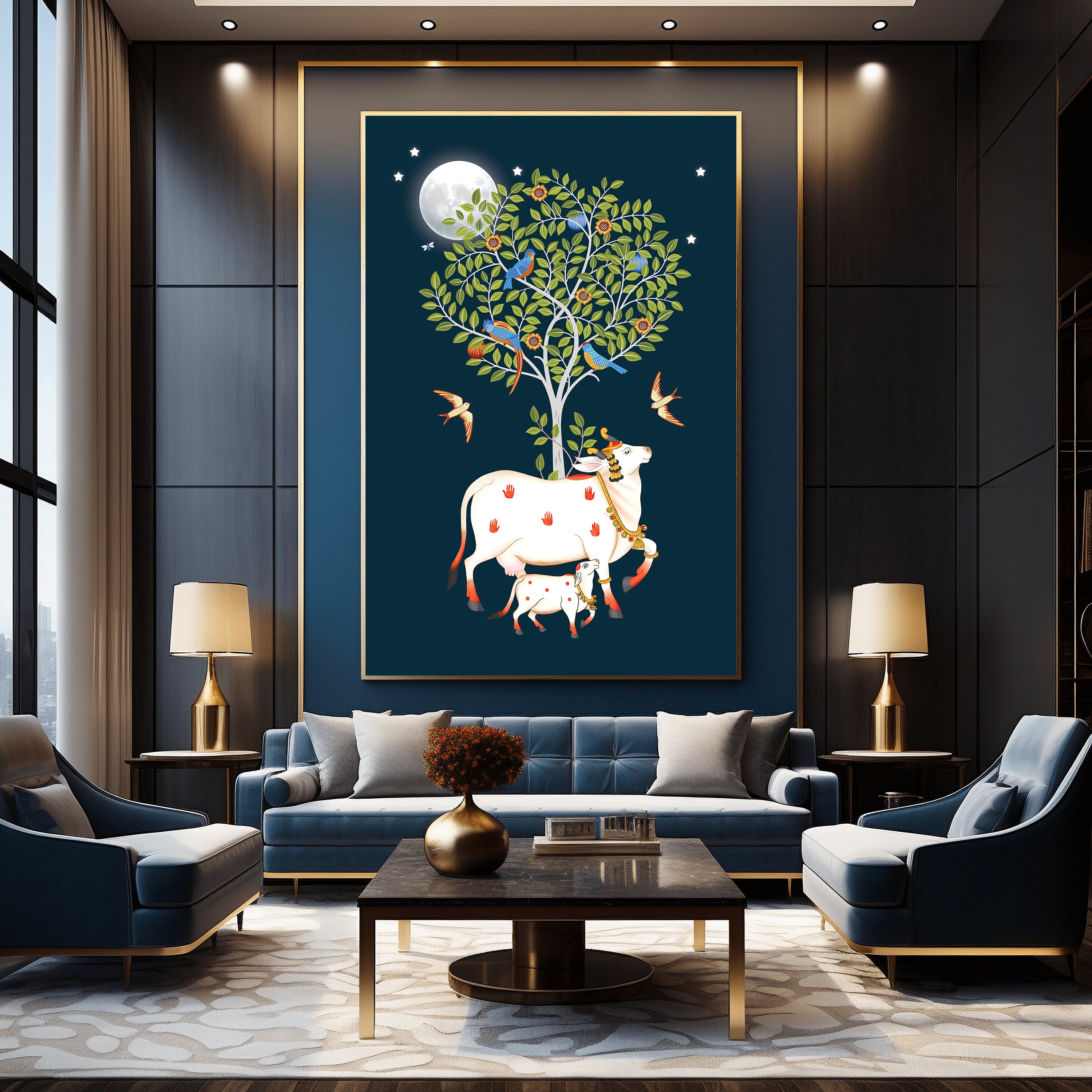 Kamadhenu Cow with Calf and Tree of Life Painting by Krutik – Divine Vastu Wall Art