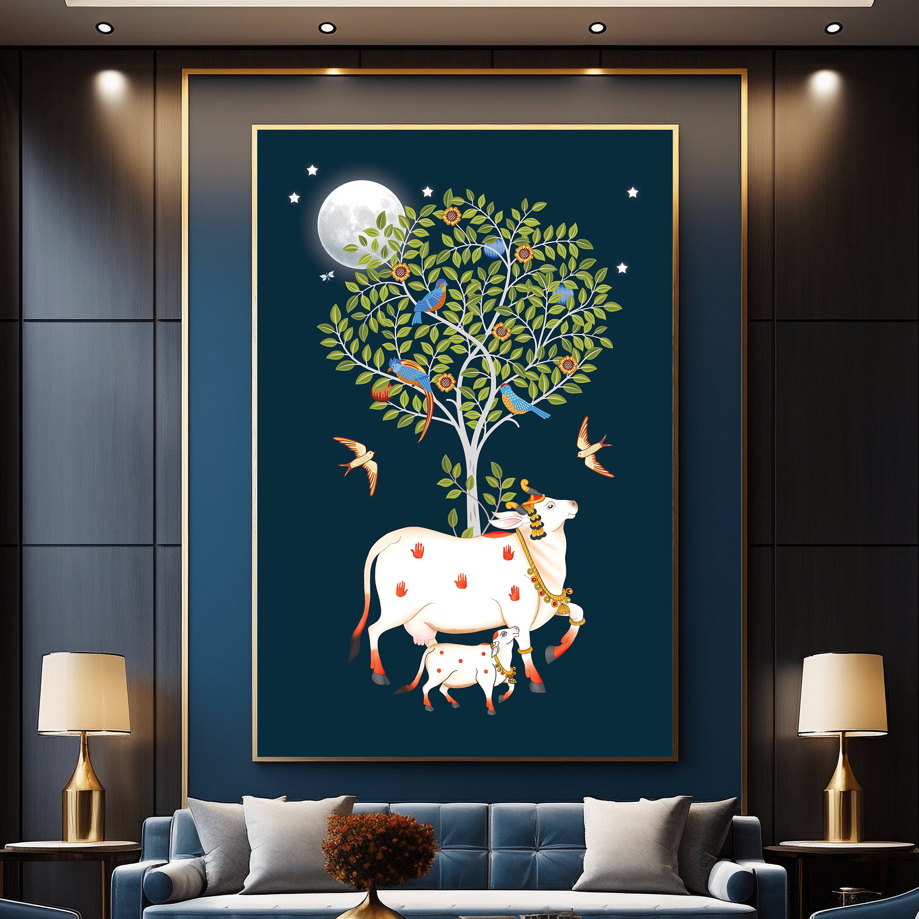 Kamadhenu Cow with Calf and Tree of Life Painting by Krutik – Divine Vastu Wall Art