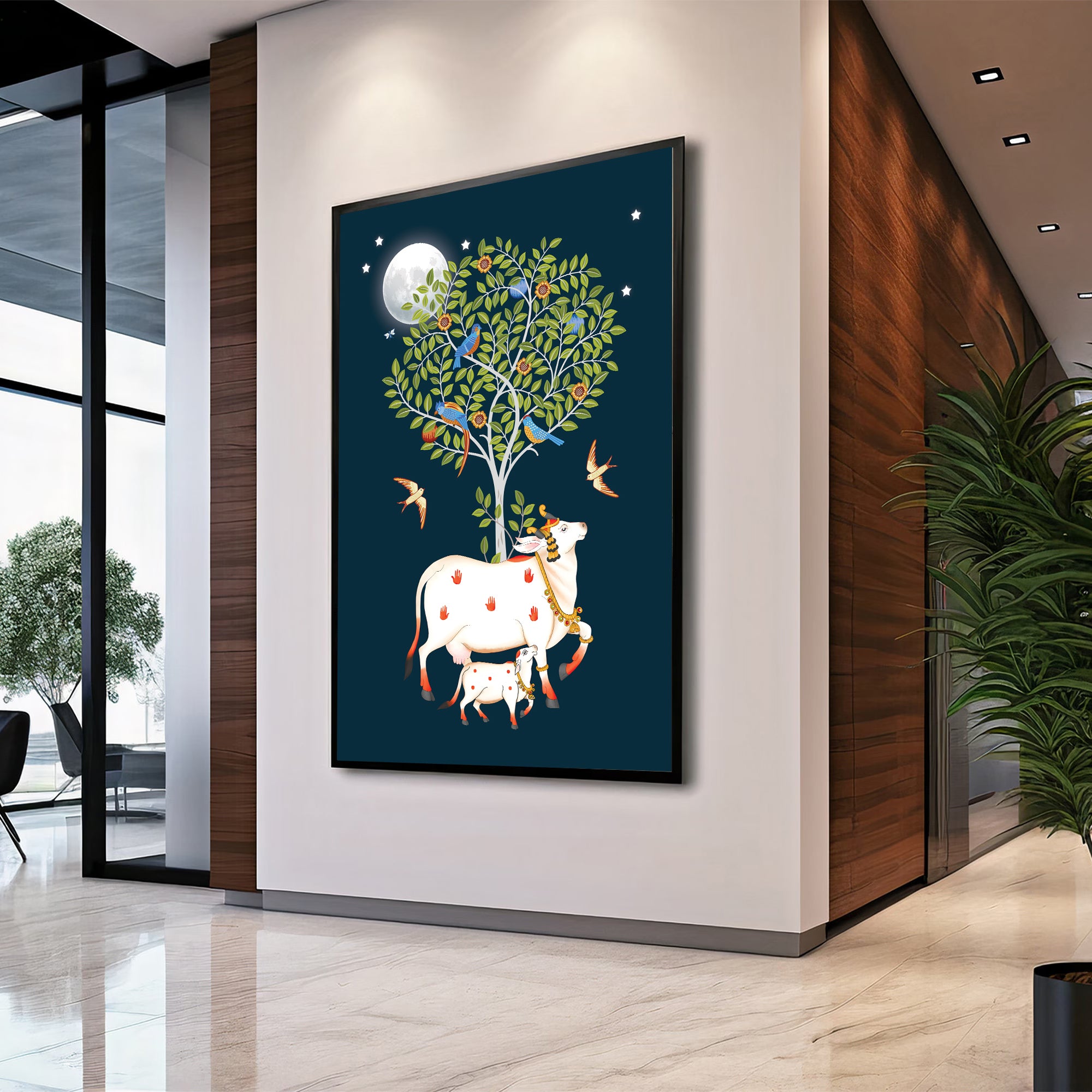 Kamadhenu Cow with Calf and Tree of Life Painting by Krutik – Divine Vastu Wall Art
