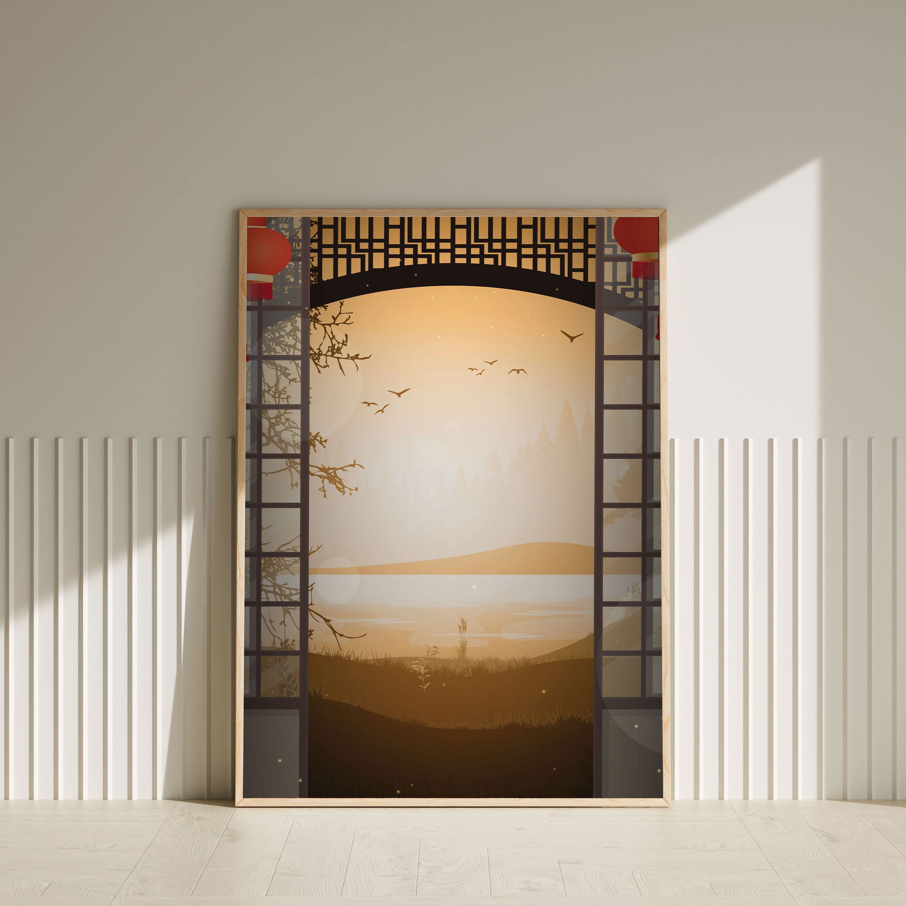 Yūyake no Tobira – Japanese Golden Sunset View Through Gate Wall Art.