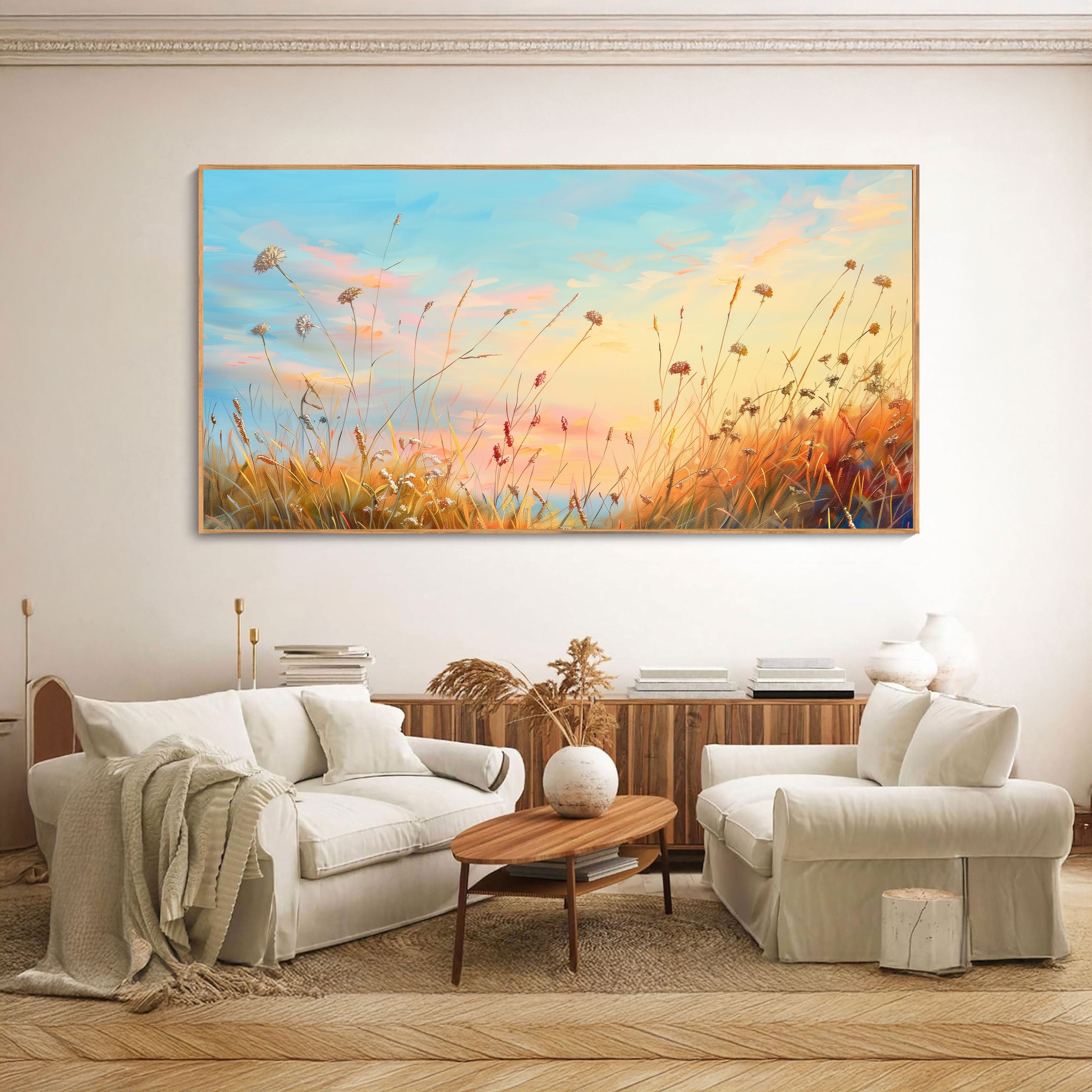 Whispers of Dusk – Sunset Field Landscape Painting by Krutik.