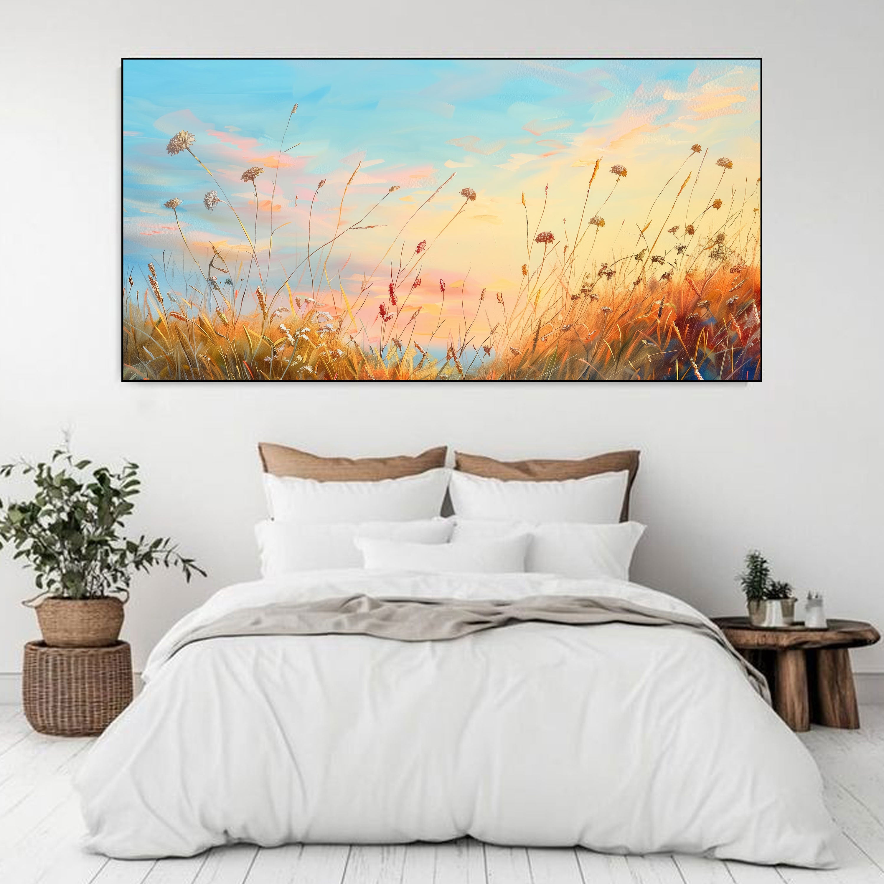 Whispers of Dusk – Sunset Field Landscape Painting by Krutik.
