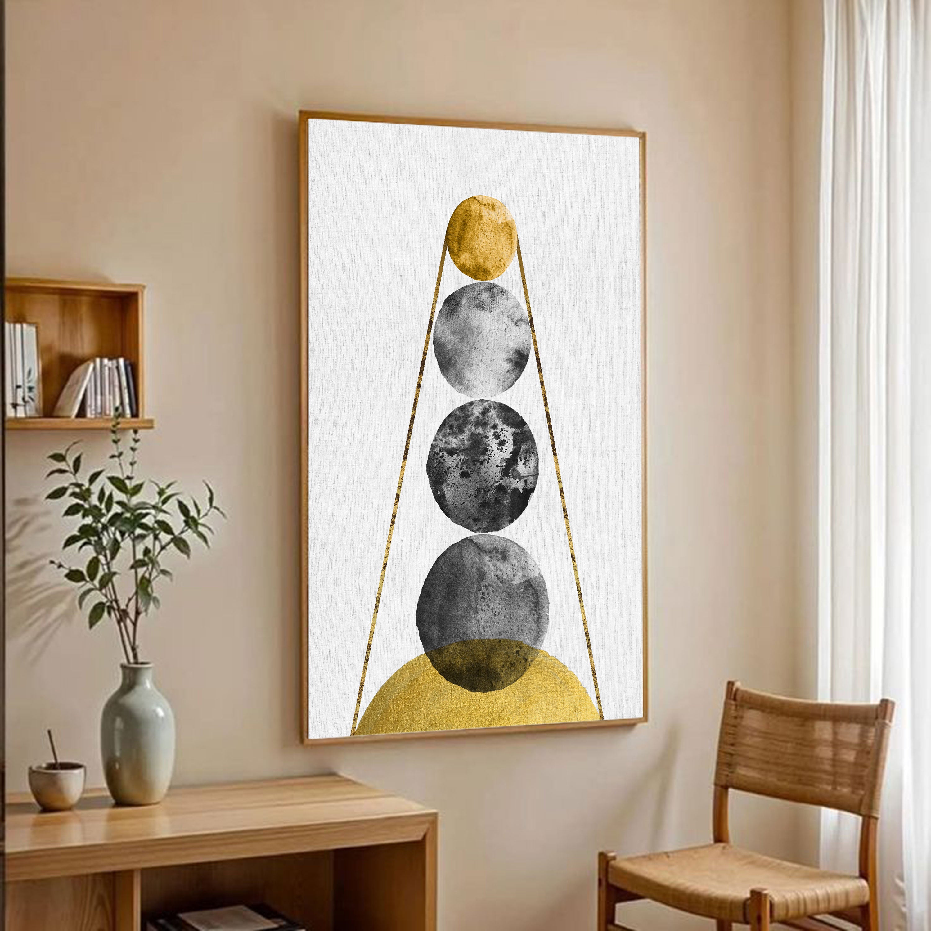 Modern Celestial Phases – Minimalist Moon & Sun Wall Art | Gold & Black Abstract Print by Krutik.