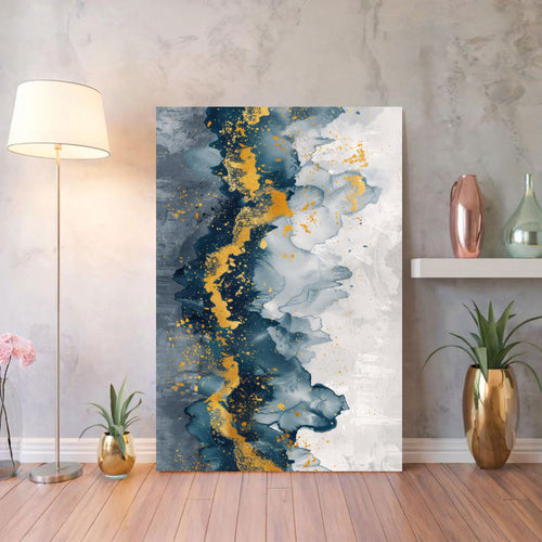 Celestial Veil – Navy & Gold Abstract Mountain Mist Wall Art by Krutik.