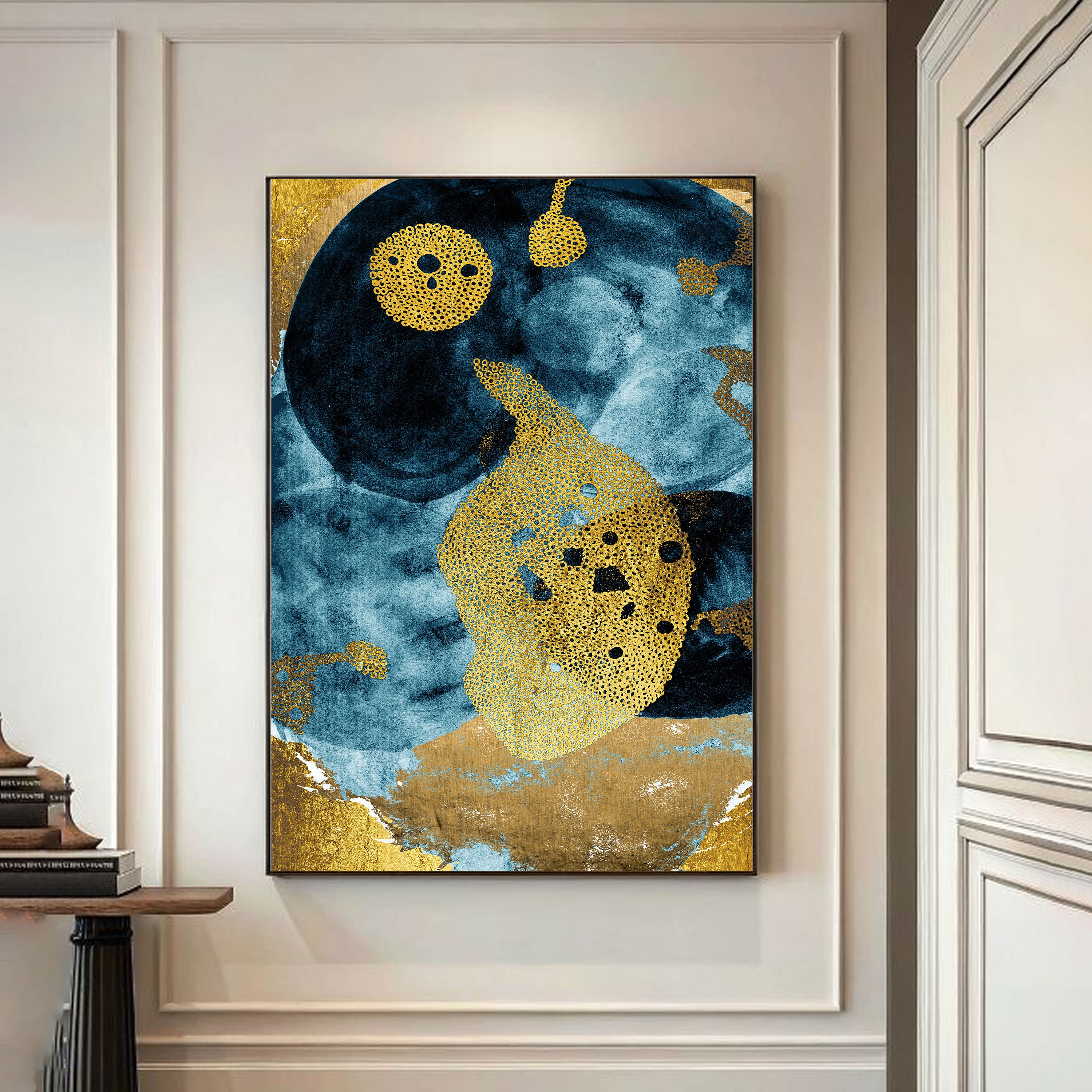 Blue & Gold Harmony: Luxurious Abstract Textured Wall Art by Krutik.