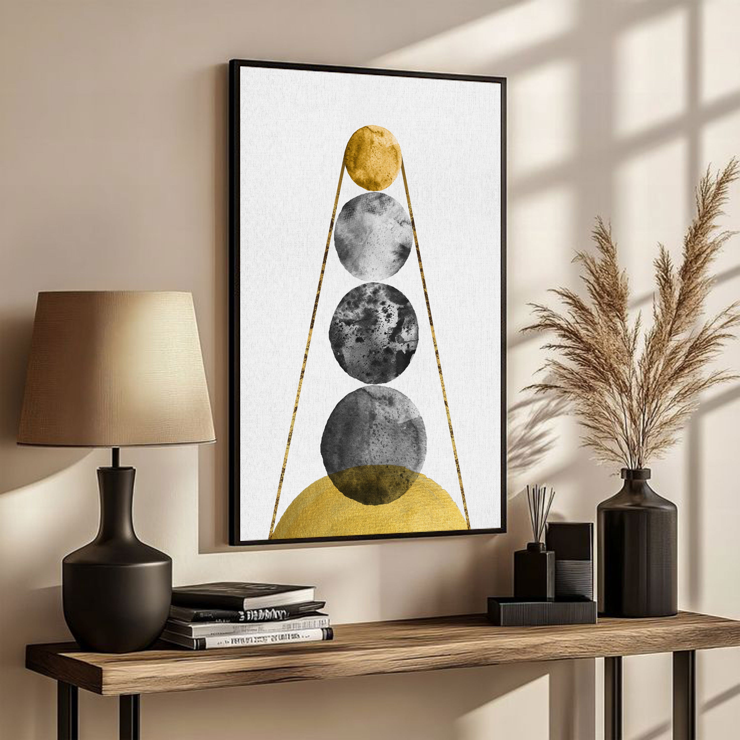 Modern Celestial Phases – Minimalist Moon & Sun Wall Art | Gold & Black Abstract Print by Krutik.