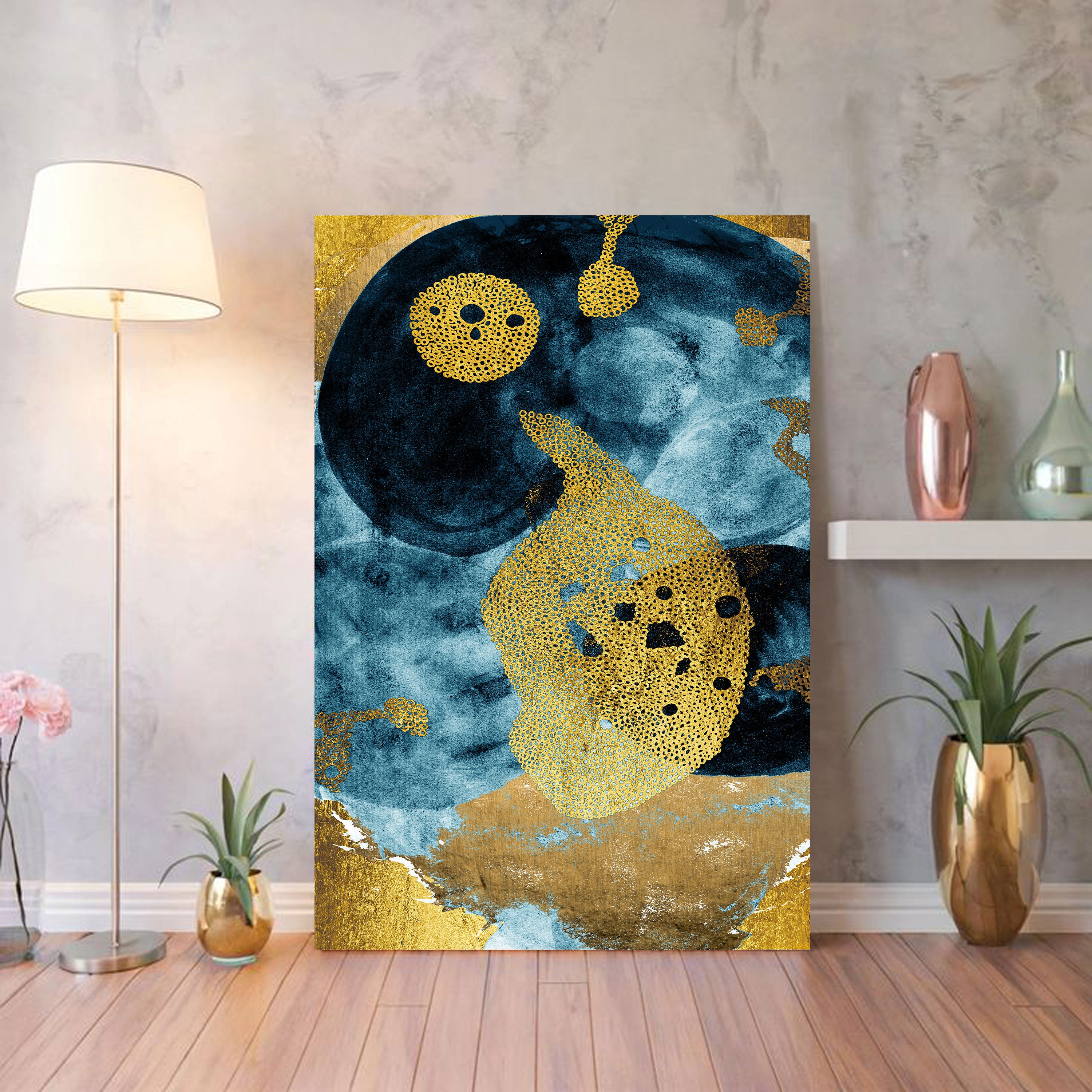 Blue & Gold Harmony: Luxurious Abstract Textured Wall Art by Krutik.