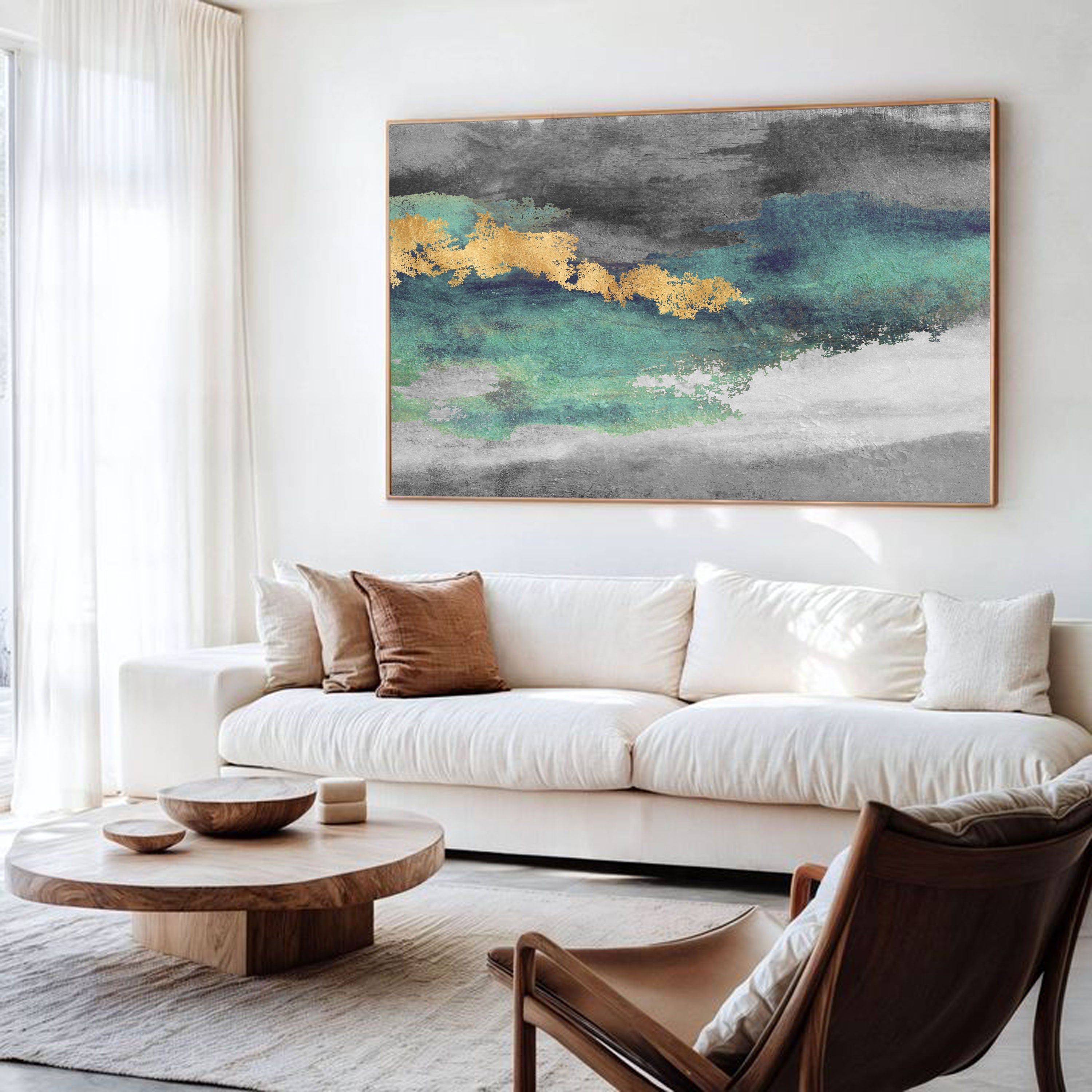Emerald Drift – Abstract Ocean-Inspired Canvas Wall Art with Gold Accents | Modern Coastal Decor by Krutik.