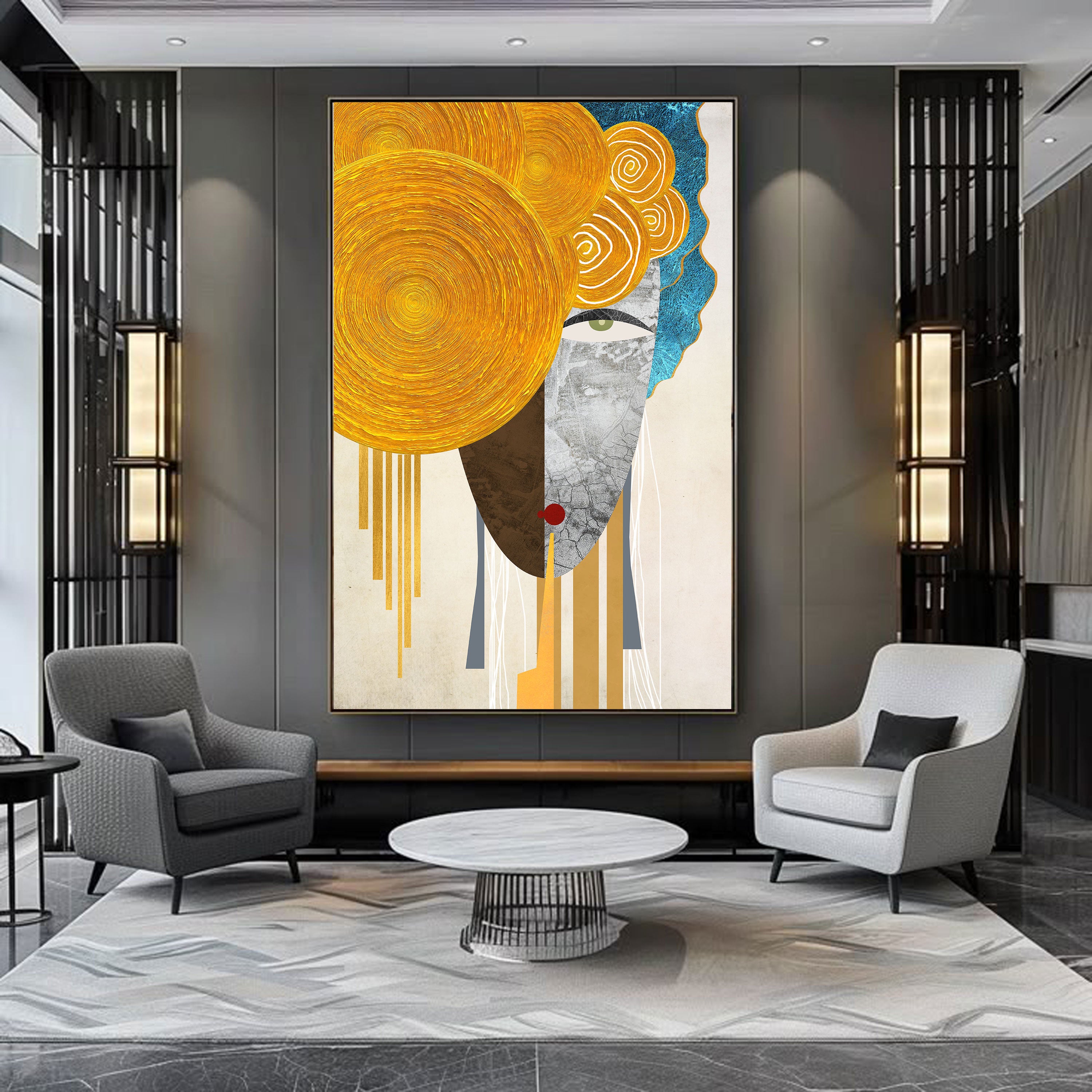 Golden Whimsy – Abstract Face Art with Spiral Crown by Krutik.
