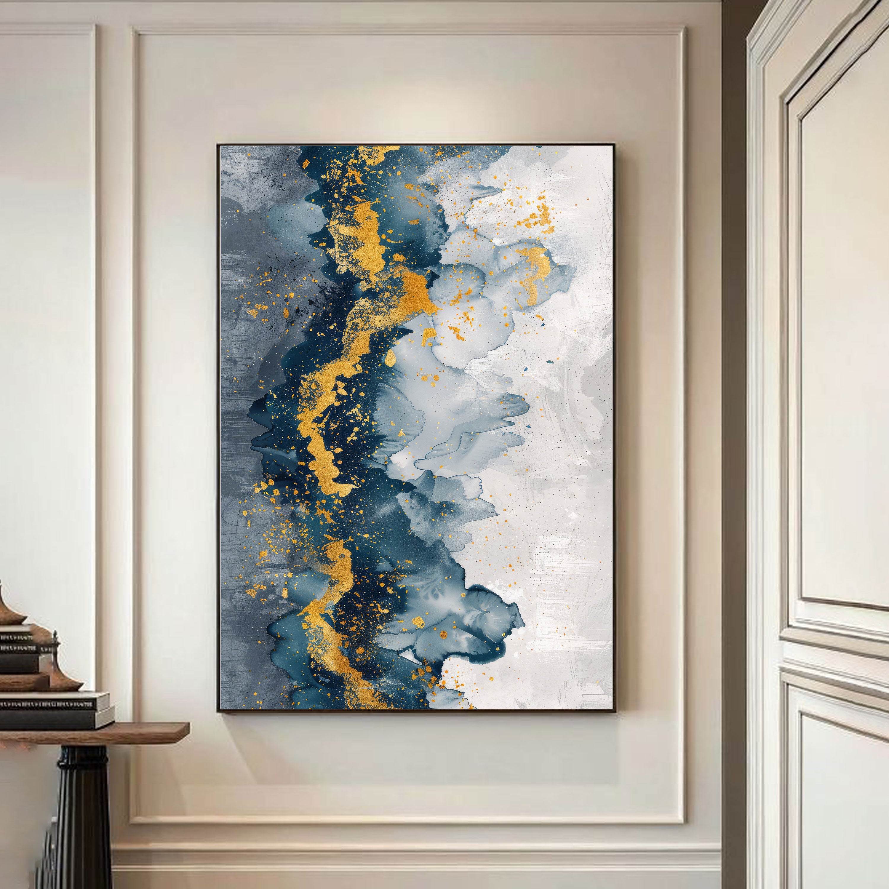 Celestial Veil – Navy & Gold Abstract Mountain Mist Wall Art by Krutik.