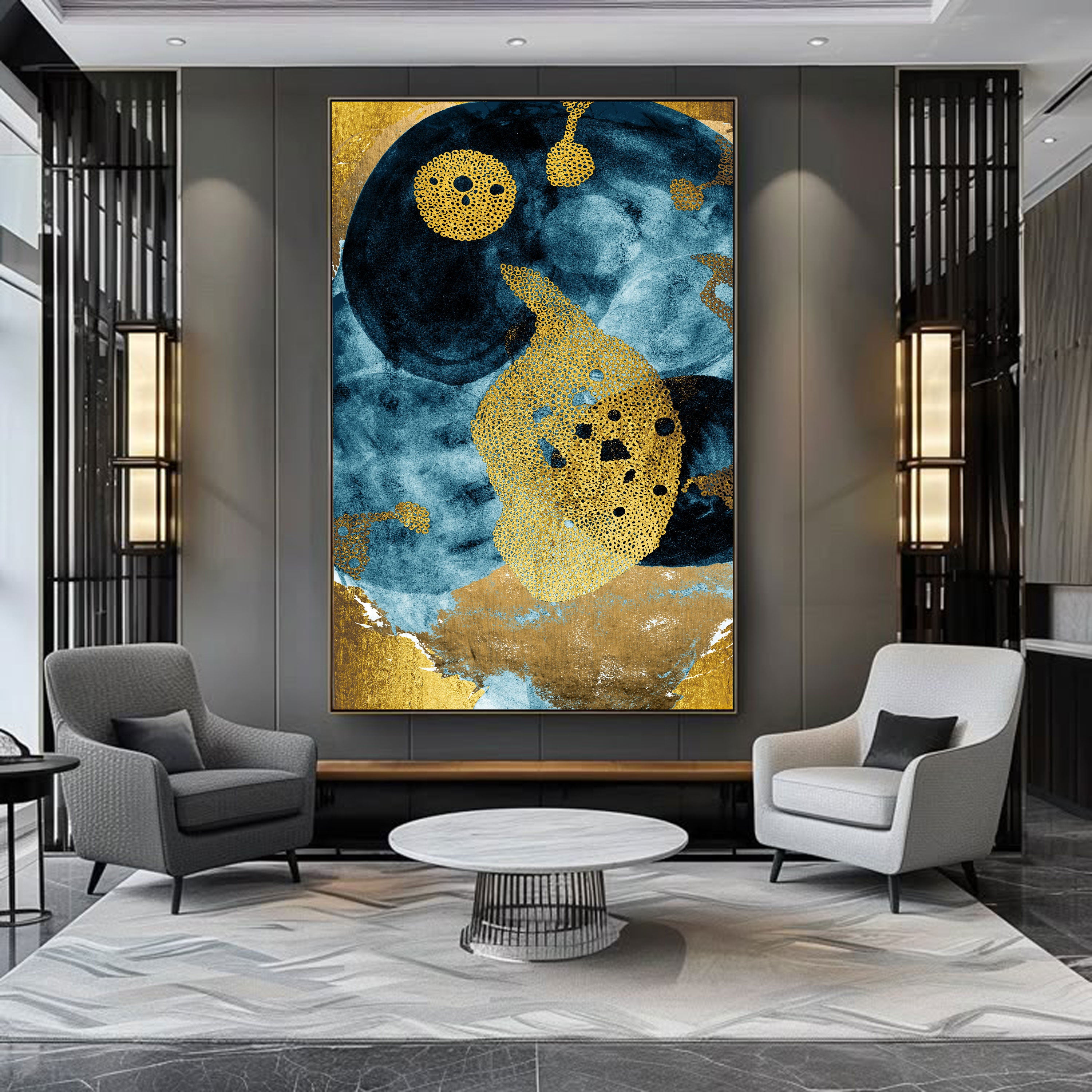 Blue & Gold Harmony: Luxurious Abstract Textured Wall Art by Krutik.