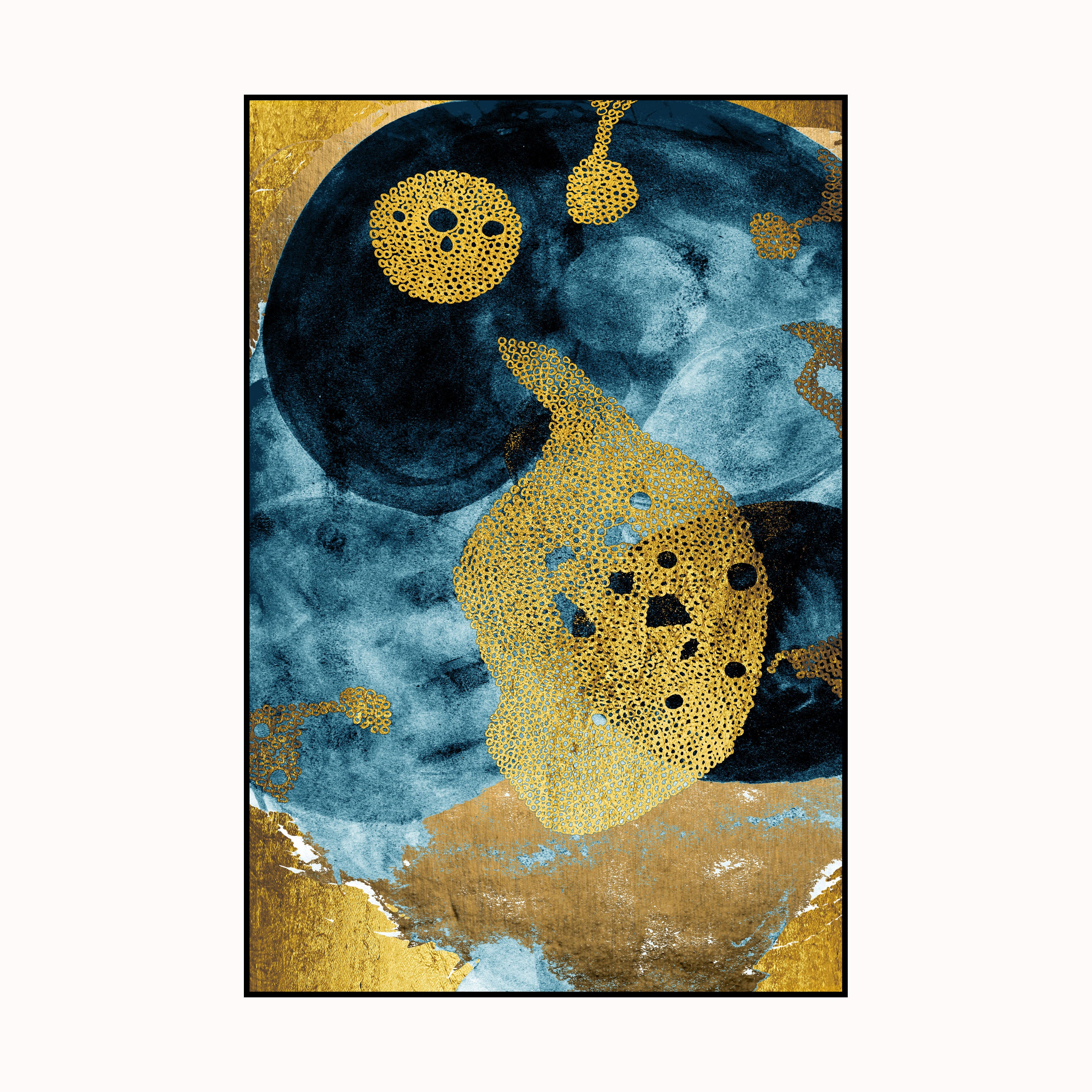 Blue & Gold Harmony: Luxurious Abstract Textured Wall Art by Krutik.