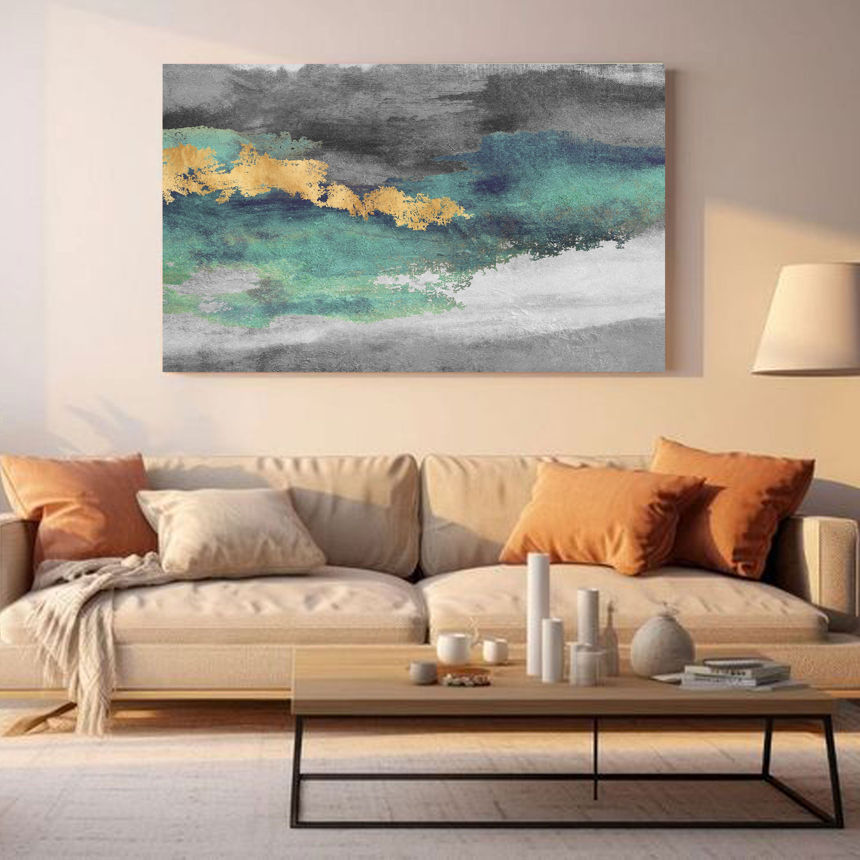 Emerald Drift – Abstract Ocean-Inspired Canvas Wall Art with Gold Accents | Modern Coastal Decor by Krutik.