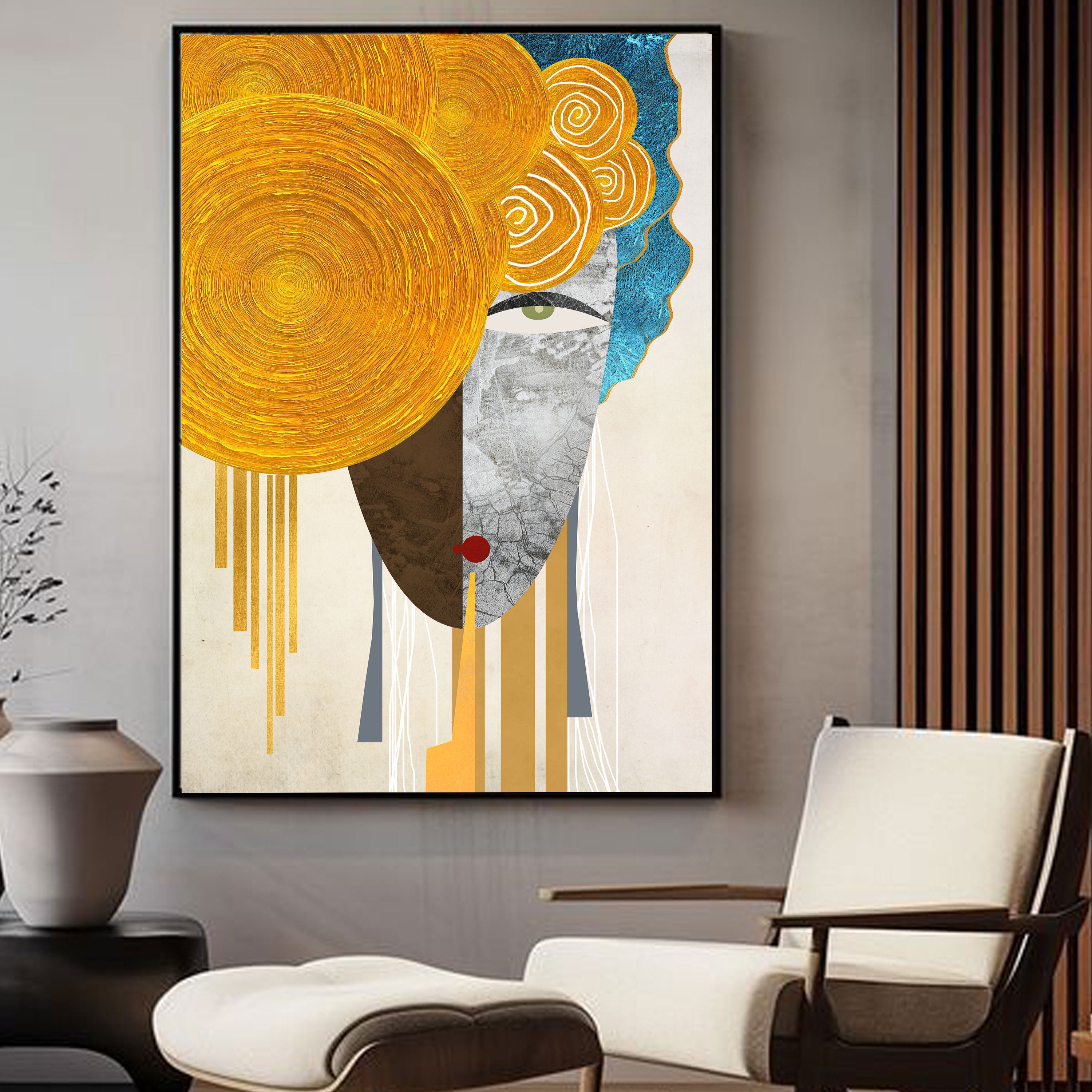 Golden Whimsy – Abstract Face Art with Spiral Crown by Krutik.