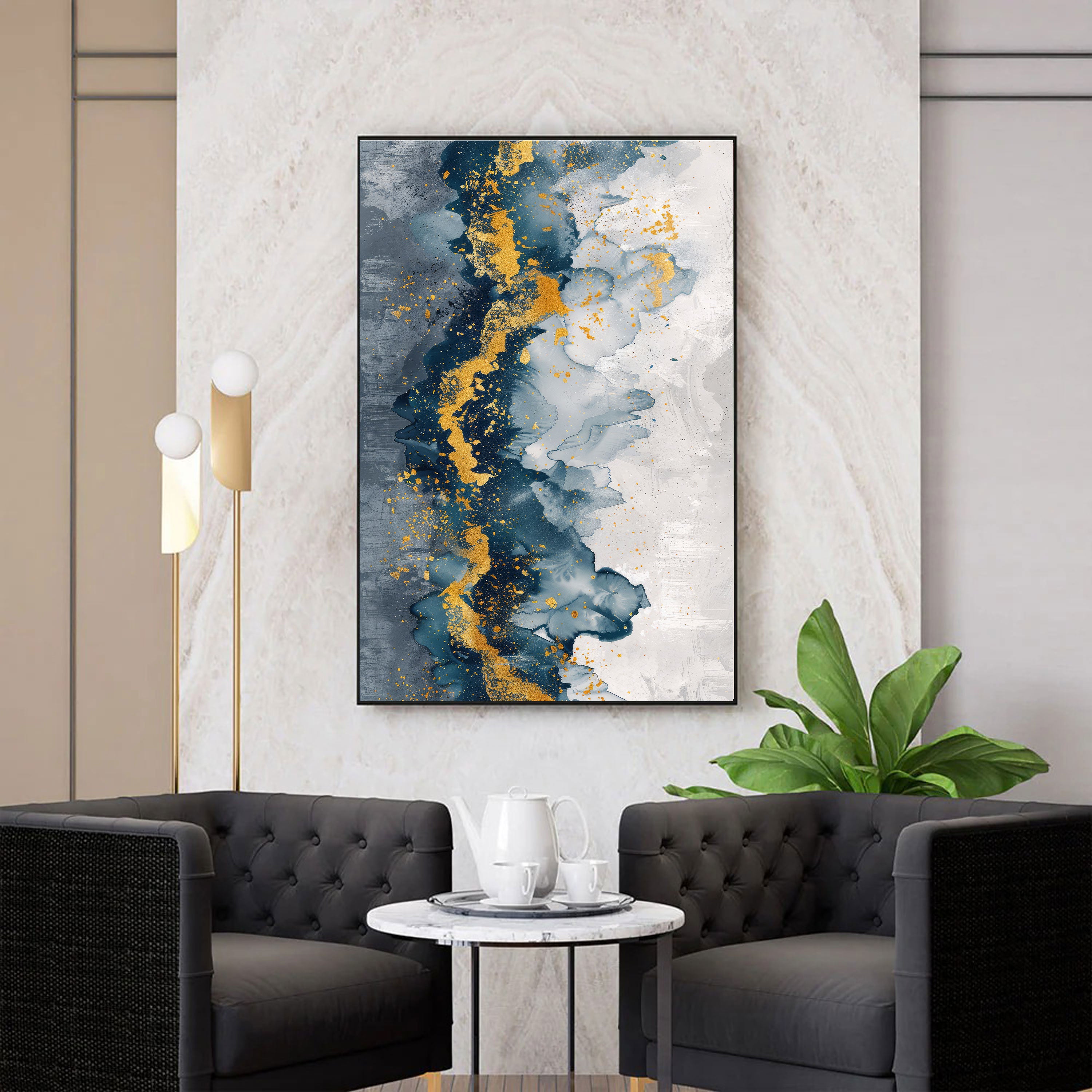 Celestial Veil – Navy & Gold Abstract Mountain Mist Wall Art by Krutik.