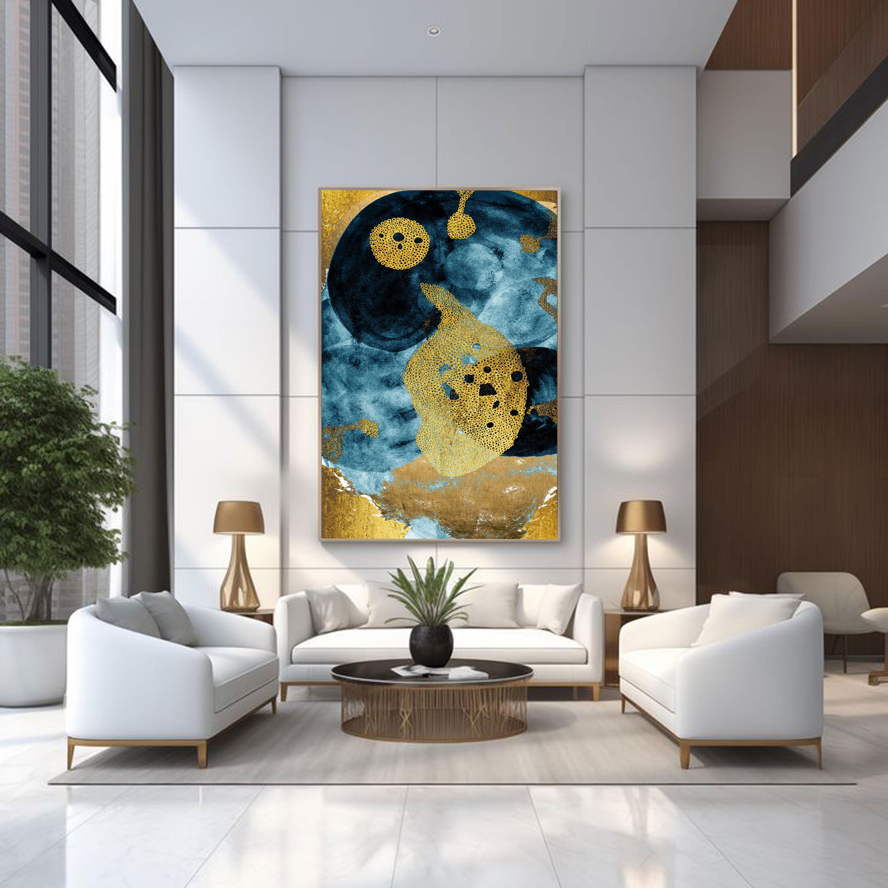 Blue & Gold Harmony: Luxurious Abstract Textured Wall Art by Krutik.