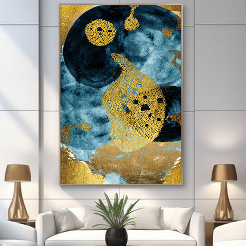 Blue & Gold Harmony: Luxurious Abstract Textured Wall Art by Krutik.